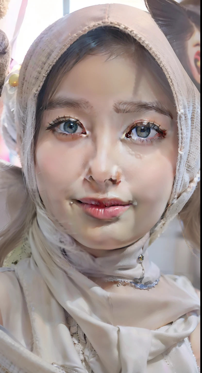 there is a young girl wearing a scarf and holding a teddy bear, close up potrait, smooth. digital painting, potrait, digital paining, color portrait, realism artstyle, closed up portrait, digtial painting, inspired by Naza, inspired by Nazmi Ziya Güran, portrait of cute girl, digital painting, portrait of a cute girl super cute girl IP by pop mart, Bright eyes, cherub,Little white dress, Clay, Models, a blind box toy, Glossy and delicate,Clean background, Good gloss, 3D rendering of,Best quality