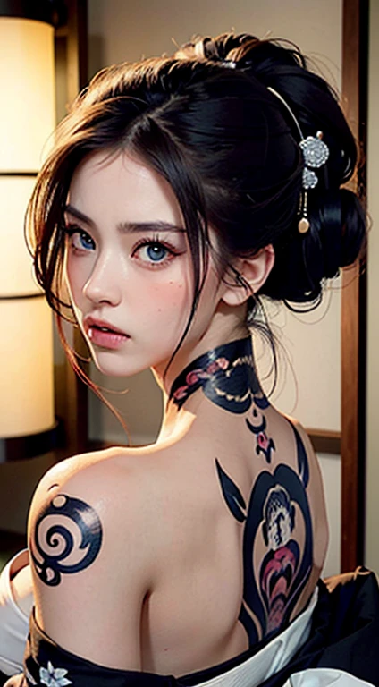 Best quality, masterpiece, super high resolution (authenticity: 1.1). A girl with beautiful pink eyes and bare shoulders. Tattooed back. Angry look. Kimono. Intense eyes. Geisha. The movie version of warm lighting illuminates bright rooms, modern architecture, and beautiful backdrops