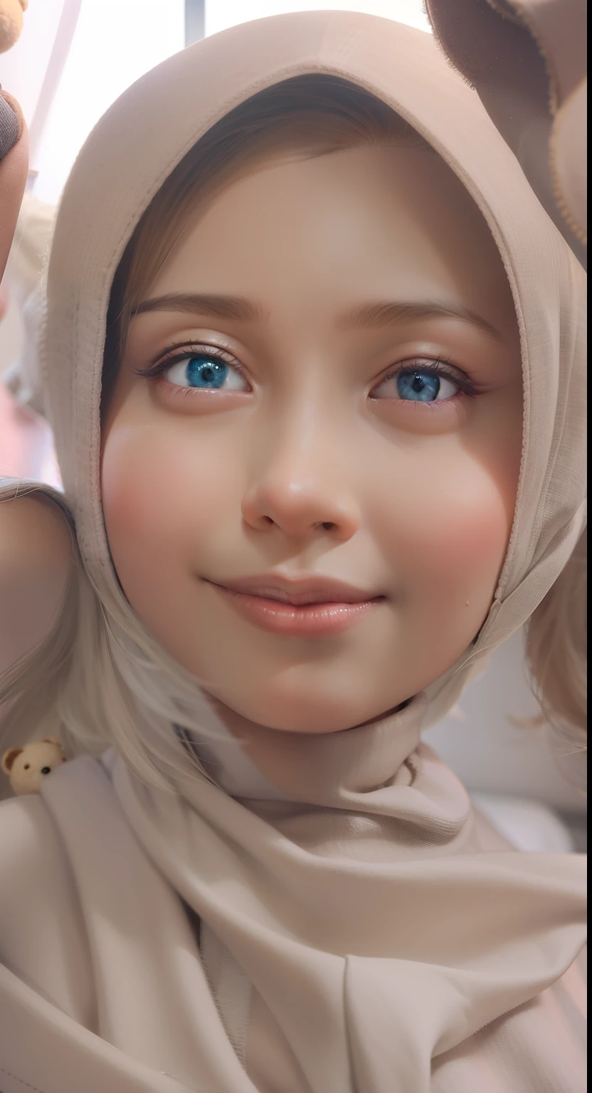 there is a young girl wearing a scarf and holding a teddy bear, close up potrait, smooth. digital painting, potrait, digital paining, color portrait, realism artstyle, closed up portrait, digtial painting, inspired by Naza, inspired by Nazmi Ziya Güran, portrait of cute girl, digital painting, portrait of a cute girl super cute girl IP by pop mart, Bright eyes, cherub,Little white dress, Clay, Models, a blind box toy, Glossy and delicate,Clean background, Good gloss, 3D rendering of,Best quality