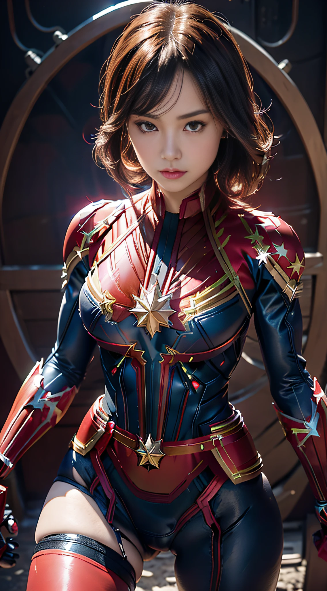 Anime girl posing in red and black leather costume , realist, ( ( Captain Marvel))、 biomechanical oppai, fanart best artstation, artgerm style, Marked cat,masutepiece, Full Detail,  Photorealistic, 8K, ( Big thighs)