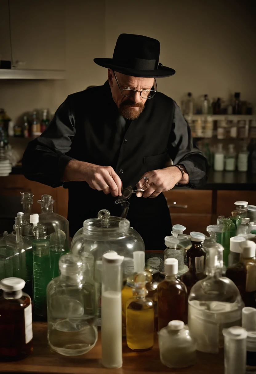 A photo of Walter meticulously arranging and organizing various lab equipment and chemicals,Breaking Bad,Walter White, the central character of “Breaking Bad,” undergoes a dramatic transformation in appearance: from a meek, unassuming high school chemistry teacher with a mustache and glasses, to the bald, bearded figure known as “Heisenberg,” exuding menace and authority. His wardrobe shift from nondescript, muted clothing to darker, more assertive attire mirrors his descent into the criminal world.