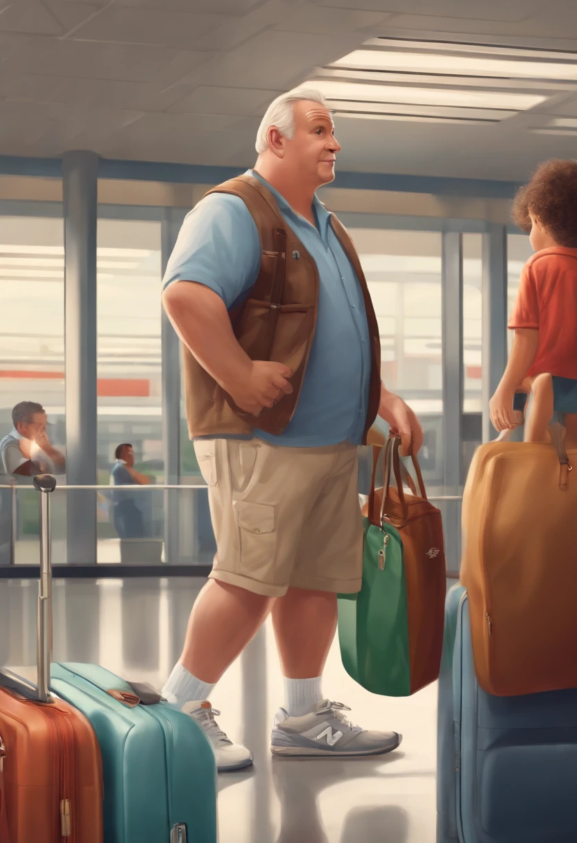 A photo of airport dad double-checking that all packed bags were under the weight limit,original,Airport dad dresses like a typical dad. Slightly overweight, He wears shirts tucked into shorts with a belt. High white socks with New Balance sneakers.