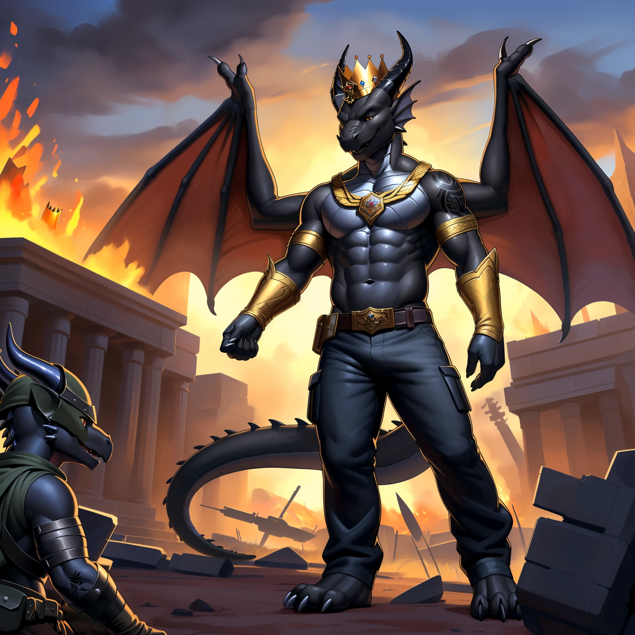 (masterpiece, best quality, high quality, highres:1.4), detailed, extremely detailed, dark lighting, 4K, (by ruaidri), yupa, kiyosan,(by meesh), (by fffffolder)), delga: (slim, athletic, dragon, (((black body))), smooth skin, athletic muscle, anthro legs, Godly appearance, ((skin glowing)), glowing skin, ((young)), (dragon feet), (toe claw), black spikes, (detailed eyes), dragon horn, ((dragon tail)), tail attached to waist, 1tail, ((dragon wings)), bare_shoulders, (clothing, handwear:(vambraces), bottomwear:(pants:black, [[leg armor]]))), beautiful, (((heroic aura))), closed_mouth, covered in tattoos, has tattoos, tattoos covering the chest and arms, tattoo sleeves on both arms, ((war veteran)), ((battlefield)), on a battlefield, surrounded by fire, corpses, royal, (headwear:(crown))