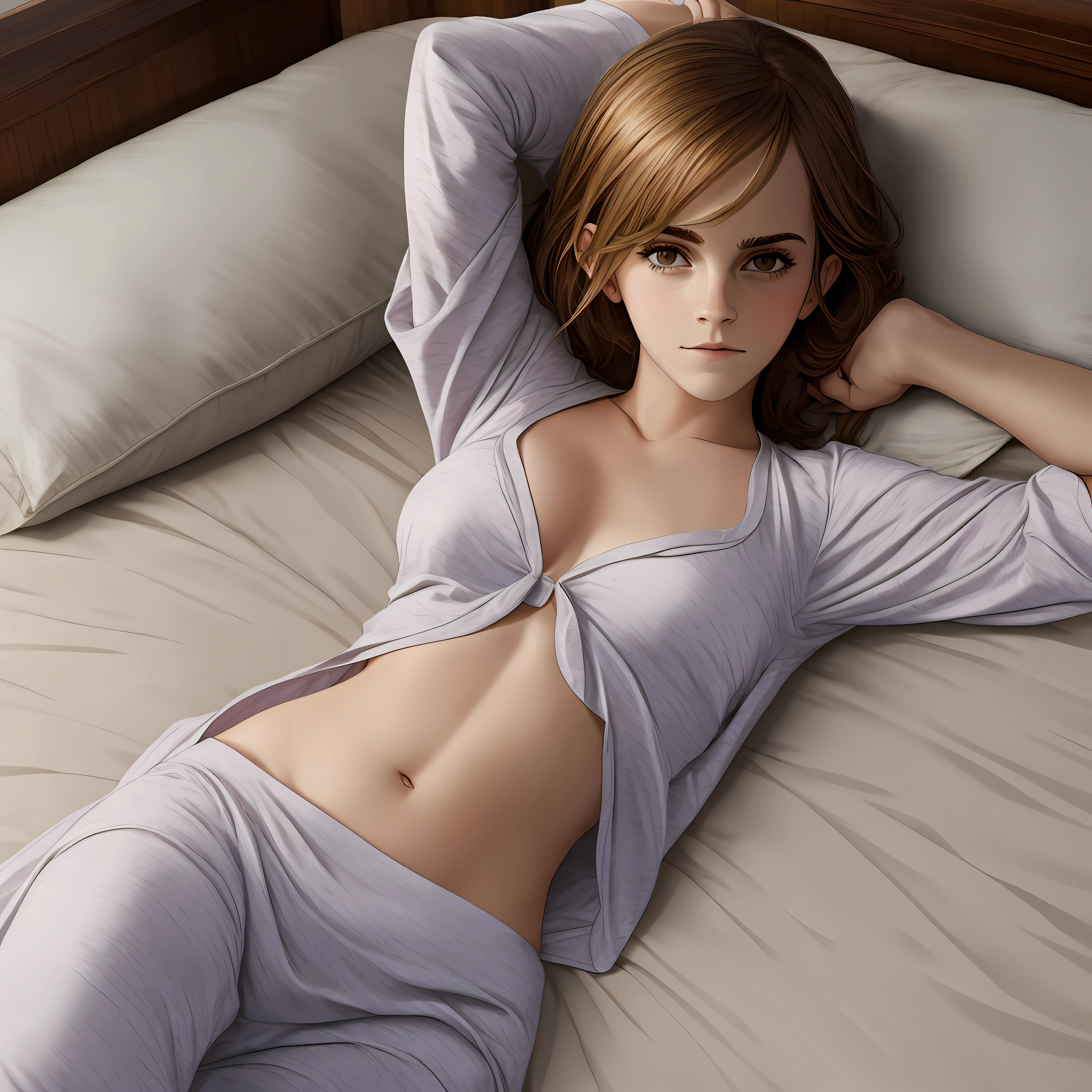 Emma Watson lying in bed in pajamas, she sleeps, belly button, collarbone, round breasts, realistic, peaceful beautiful face --auto --s2