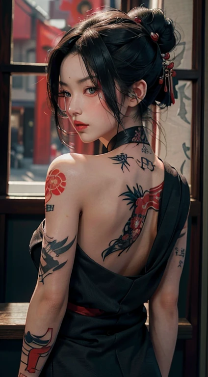 Best quality, masterpiece, super high resolution (authenticity: 1.1). A girl with beautiful red eyes and bare back. Tattooed back. Tattooed. She looks angry. Kimono. Intense look. Geisha. The movie version of warm lighting illuminates bright rooms, modern architecture, and beautiful backdrops