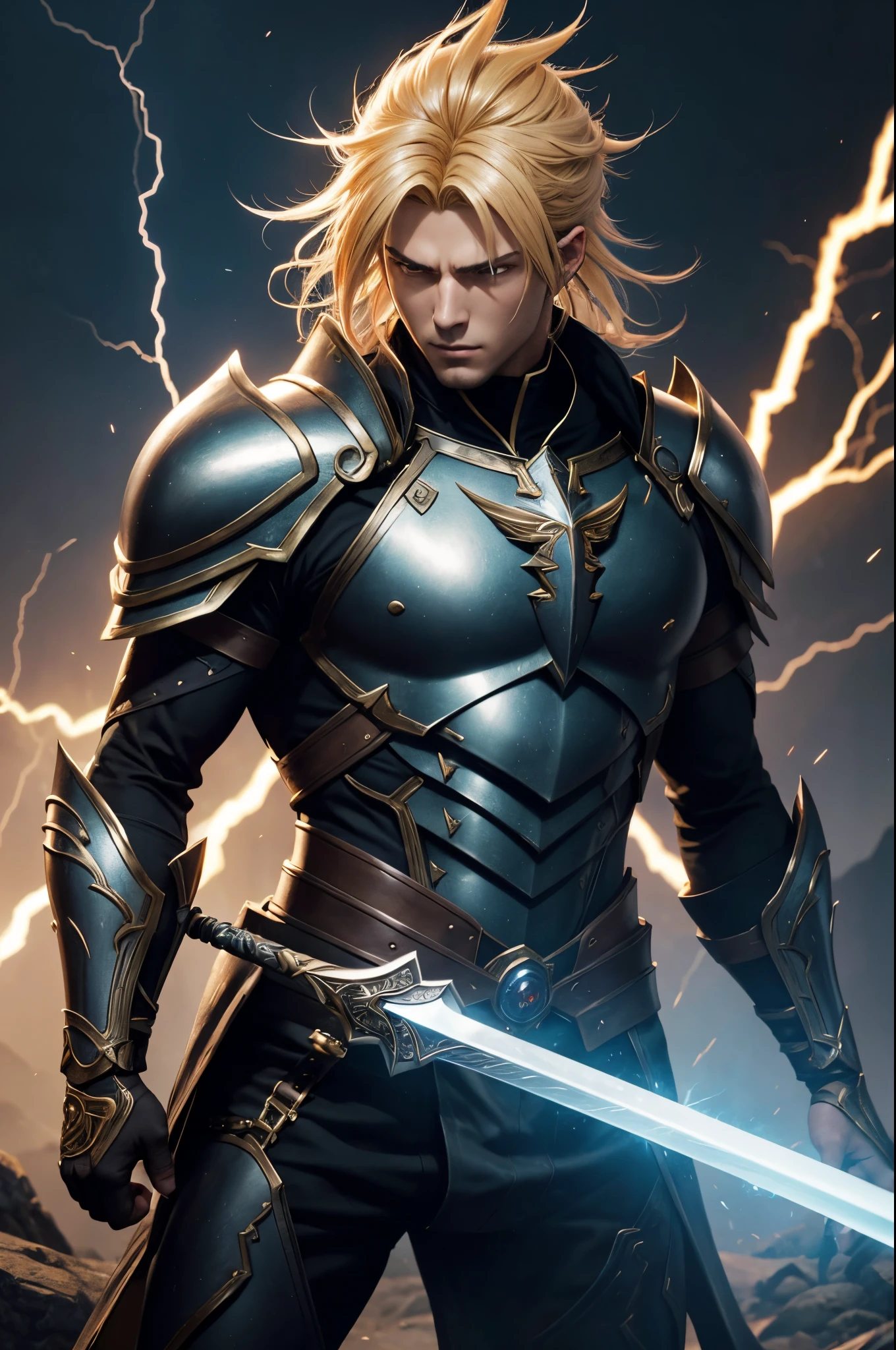 8K,Araphed man wearing jet black armor、Handsome young man(Like the real thing)A hero with a huge sword,spiky blonde hair,Golden decoration,Unreal Engine Rendering Saint Seiya、trending on artstationh、Diobrando,highly detailed exquisite fanart、3 D rendering character art 8 K、Highly detailed artgerm、black armor、muscular male hero、Handsome man in demon slayer art、Range Murata and Artgerm,A large number of lightning(Lightning Effects)action in the wilderness,combat scene,超A high resolution,Details of ultra-precise great sword,Beautiful expression,real looking skin,