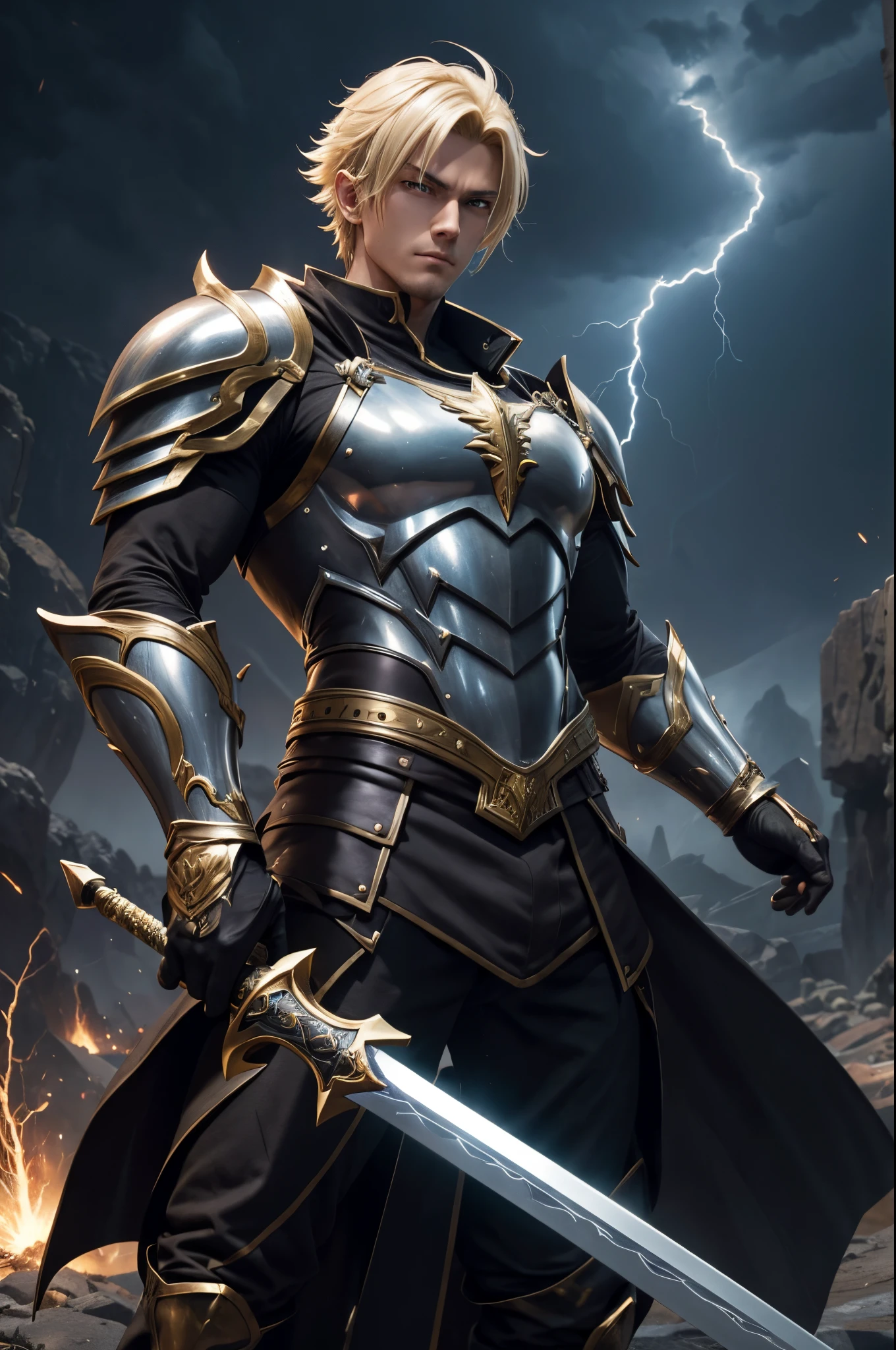 8K,Araphed man wearing jet black armor、Handsome young man(Like the real thing)A hero with a huge sword,blonde mohawk hair,Golden decoration,Unreal Engine Rendering Saint Seiya、trending on artstationh、Diobrando,highly detailed exquisite fanart、3 D rendering character art 8 K、Highly detailed artgerm、black armor、muscular male hero、Handsome man in demon slayer art、Range Murata and Artgerm,A large number of lightning(Lightning Effects)action in the wilderness,combat scene,超A high resolution,Details of ultra-precise great sword,Beautiful expression,