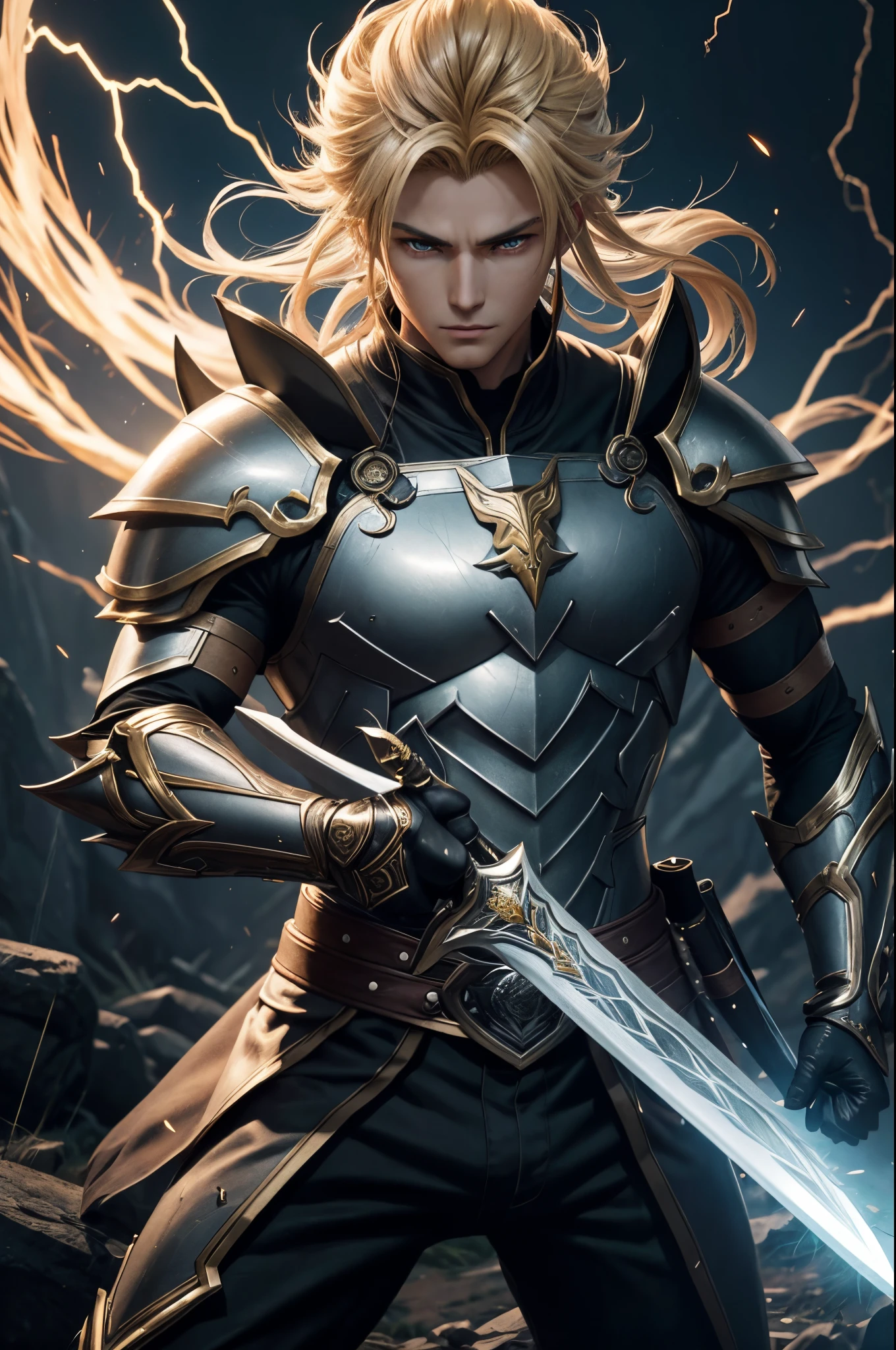 8K,Araphed man wearing jet black armor、Handsome young man(Like the real thing)A hero with a huge sword,blonde mohawk hair,Golden decoration,Unreal Engine Rendering Saint Seiya、trending on artstationh、Diobrando,highly detailed exquisite fanart、3 D rendering character art 8 K、Highly detailed artgerm、black armor、muscular male hero、Handsome man in demon slayer art、Range Murata and Artgerm,A large number of lightning(Lightning Effects)action in the wilderness,combat scene,超A high resolution,Details of ultra-precise great sword,Beautiful expression,