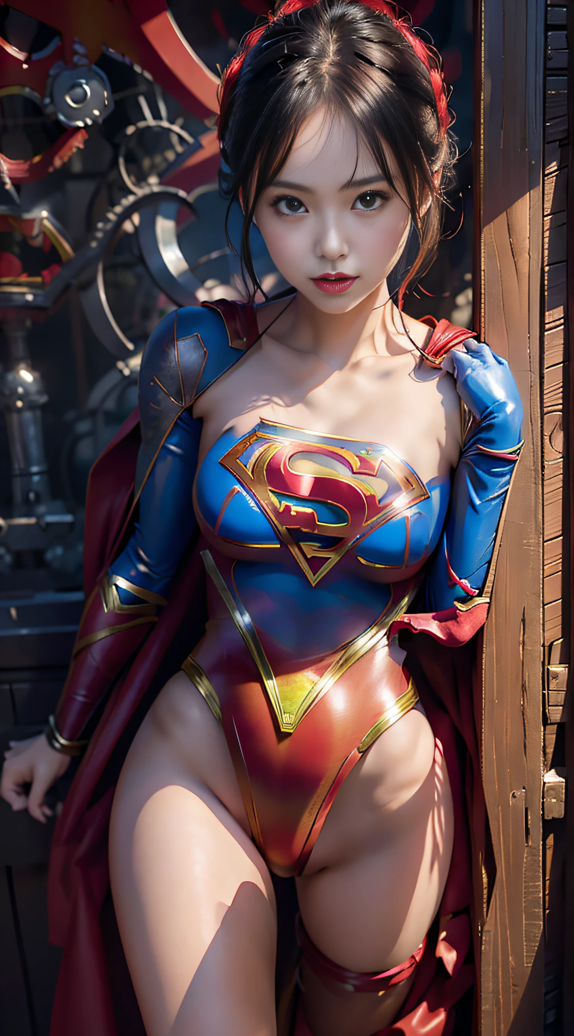 Anime girl posing in red and black leather costume , realist, (((Supergirl Suit)))、 biomechanical oppai, fanart best artstation, artgerm style, Marked cat,masutepiece, Full Detail, Photorealistic, 8K, ( Big thighs)