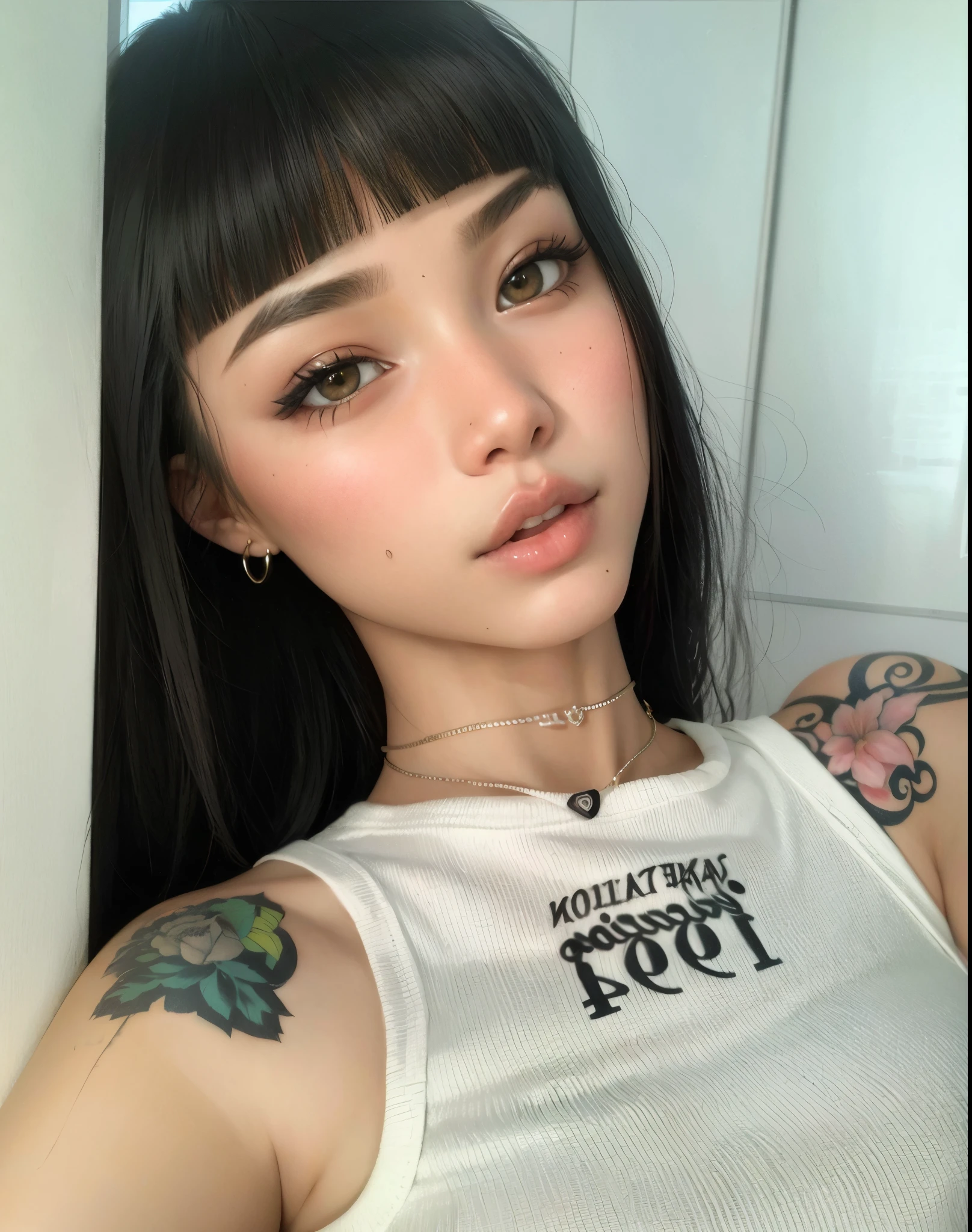 a close up of a woman with a tattoo on her arm, 🤤 retrato da , de meninanesa com tatuagens, Beautiful Asian girl, menina bonit-cara, kawaii retrato realista, com tatuagem facial, detailed face of a asian girl, young cute wan asian face, beautiful aesthetic face, Ela tem cabelo preto com franja, rosto sexy com maquiagem completa