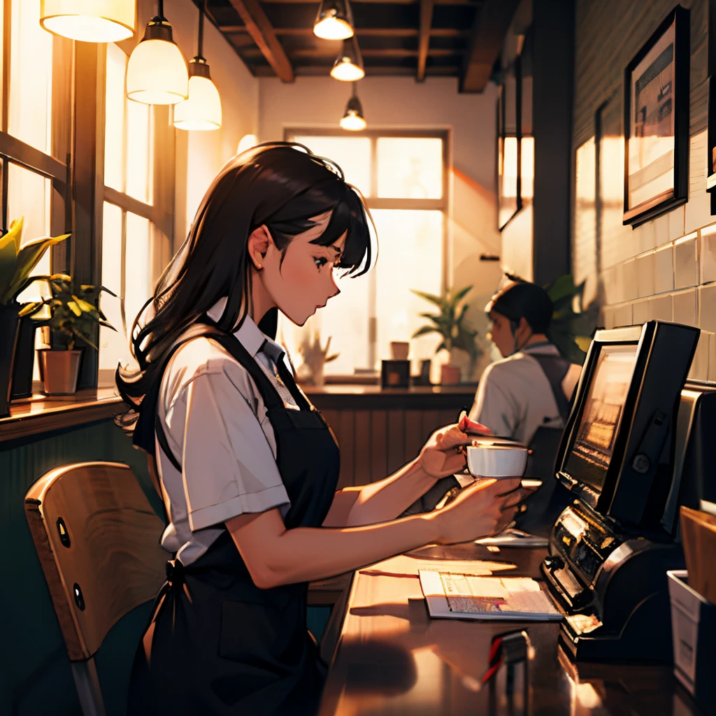 Girl listens to making coffee in a coffee shop,2D anime style, The morning air was clear. ,Warm atmosphere,