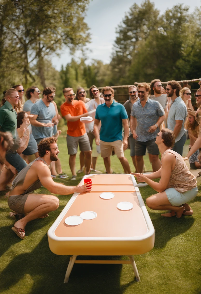 A lively shot of Greg leading a group of people in a game of giant beer pong in a sunny backyard,original,greg is 6 foot, white, short curly brown hair, round glasses, slightly narrow face. 7/10 handsome. Well put together.