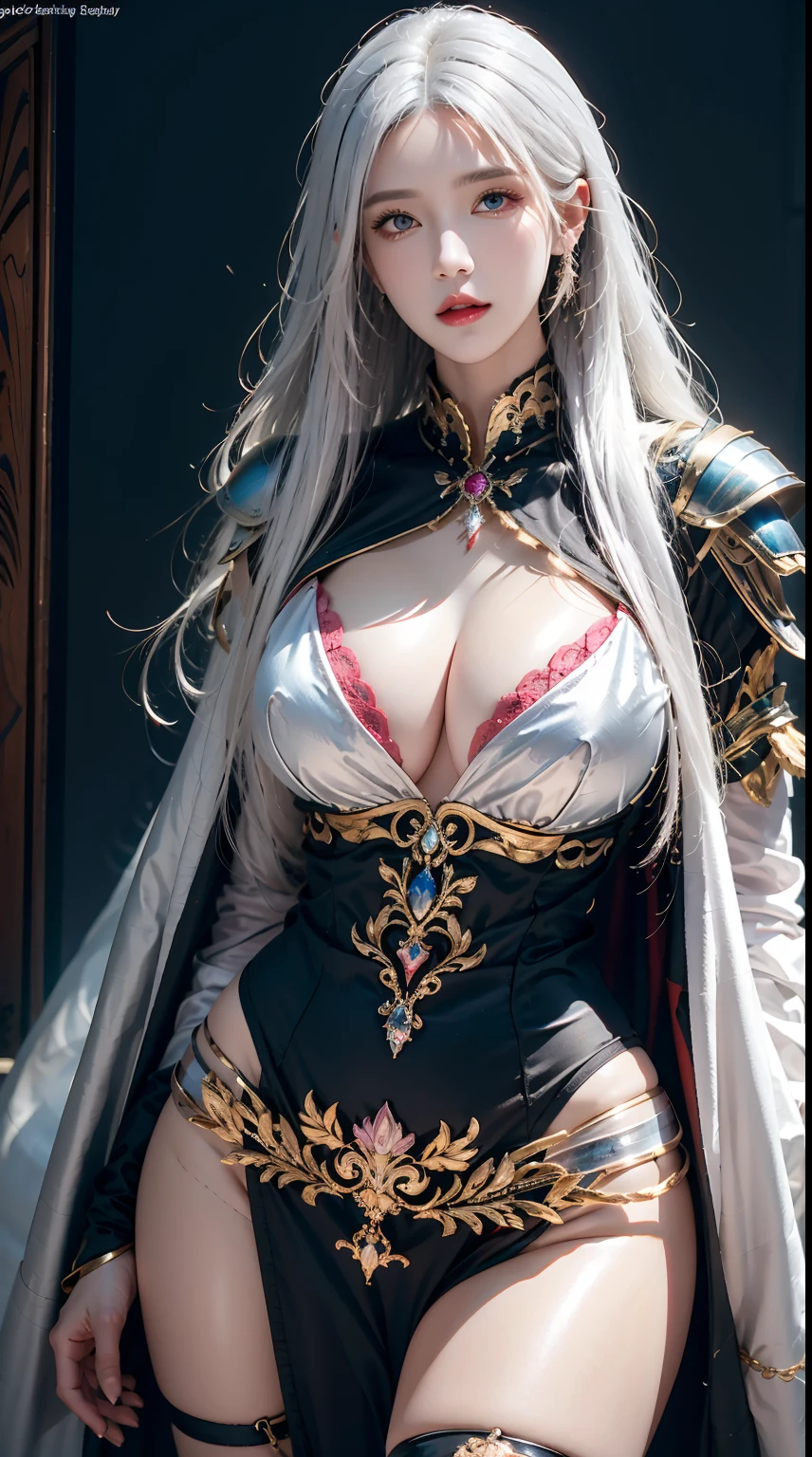 photorealistic, high resolution, 1women, shining skin, solo, jewelry, pink lips, long white hair, blue eyes, closed mouth, hips up, fantasy armor