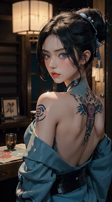 RAW、masterpiece、ultra fine photos、top-quality、超A high resolution、realisitic、sunlights、Beautuful Women、Back to viewers、Back to viewers、Super huge、Yellow rune paper on her face、Many Taoist runes pasted on her body、Official uniform of the Qing Dynasty、A white bandage with blood stains wrapped around her body、female zombie、Hong Kong Lam Zheng-ying zombie movie character、 pale-skinned、fair white skin、vampire teeth、Amazing beauty、Dynamic poses、delicated face、abandoned warehouse background、messy、Gorgeous、High detail skin、realistic skin detail、foco nítido、Volumetric Light、8k UHD、Digital SLR、hightquality、film grains、真实感、(large,breasts:1.6)
