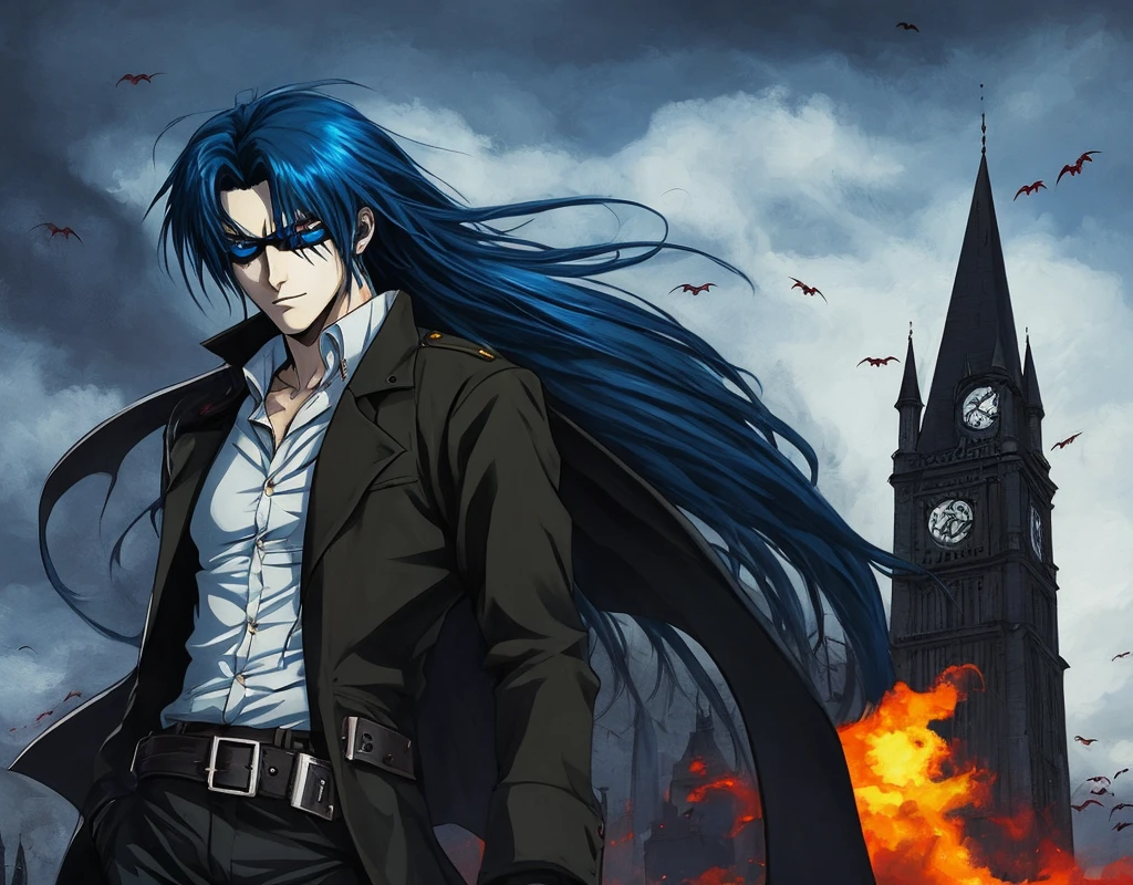 A male Vampire Hunter named Amir Ismail, with blue eyes and long hair that gets in his eyes, 19 years old (Hellsing Art style)