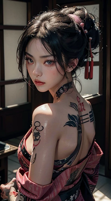 Best quality, masterpiece, super high resolution (authenticity: 1.1). A girl with beautiful pink eyes and bare back. Tattooed back. Tattooed. She is angry. Kimono. Intense look. intense eyes. Geisha. The movie version of warm lighting illuminates bright rooms, modern architecture, and beautiful backdrops