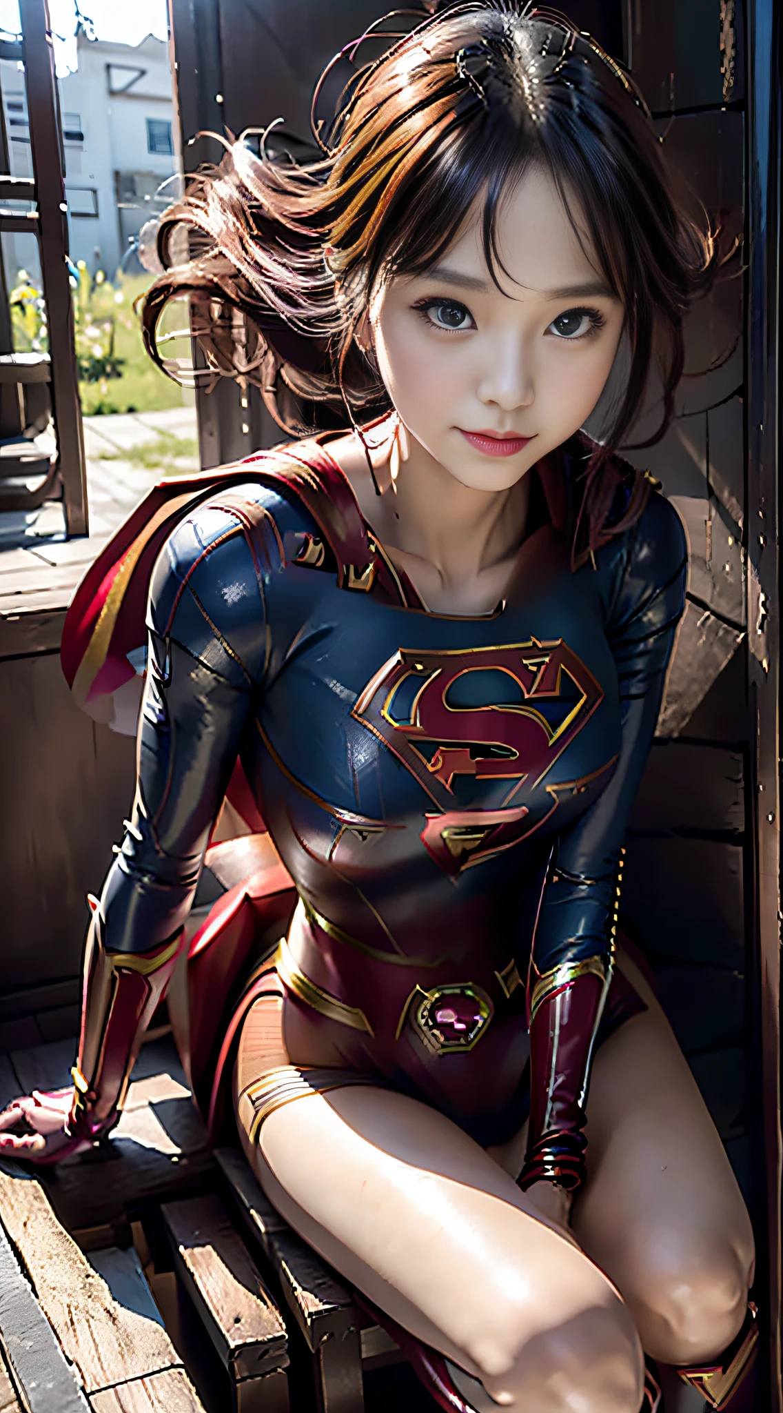 Anime girl posing in red and black leather costume , realist, (((Supergirl Suit)))、 biomechanical oppai, fanart best artstation, artgerm style, Marked cat,masutepiece, Full Detail,  Photorealistic, 8K, ( large full breasts、Big thighs)