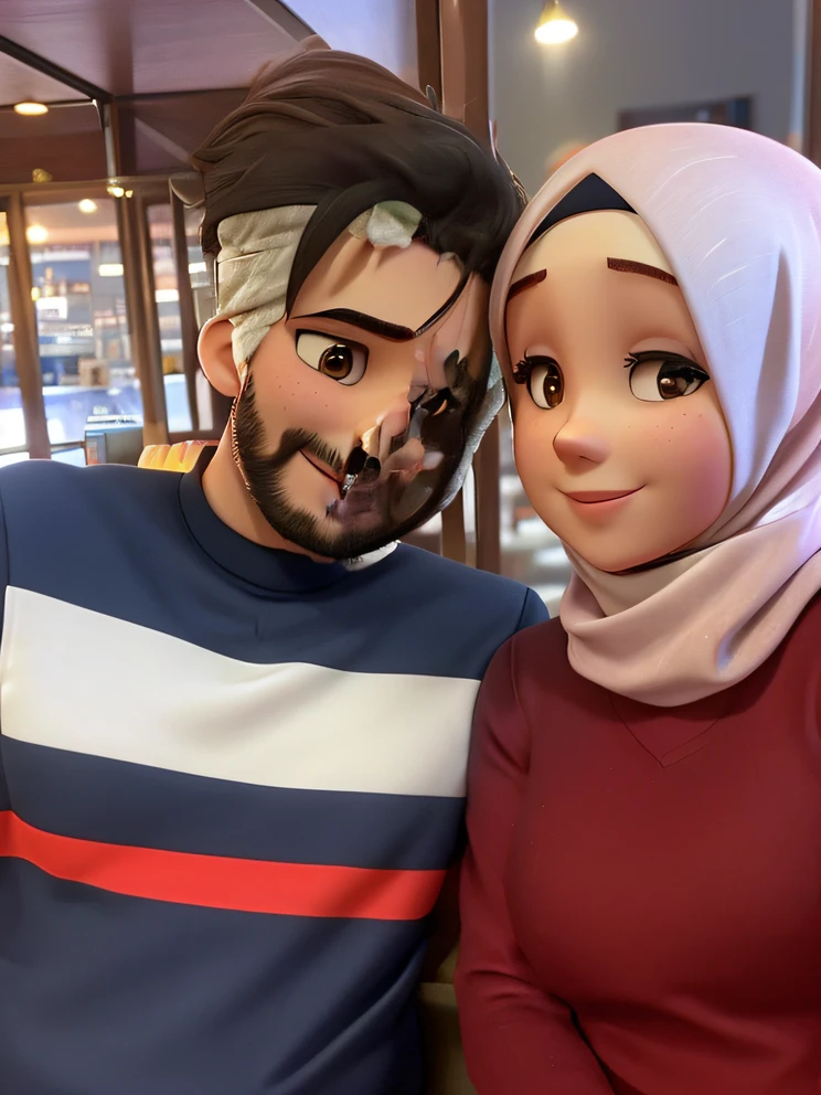 there is a man and woman posing for a picture together, lovely couple, profile image, happy couple, facebook post, in turkey in cafe , very very low quality picture, couple, from turkey, they are in love, 22 years old hijab girl, 25 years old man, profile picture,
