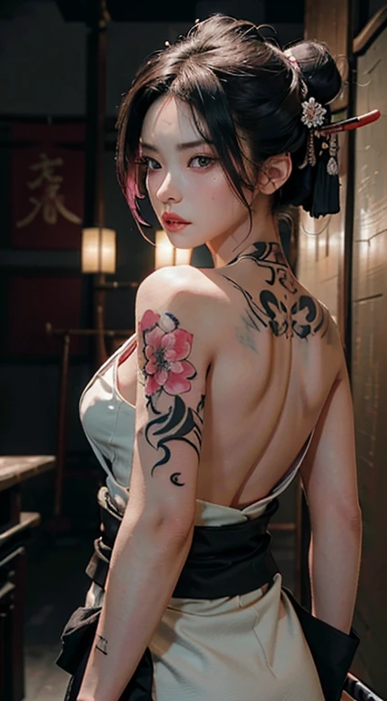 Best quality, masterpiece, super high resolution (authenticity: 1.1). A girl with beautiful pink eyes and bare back. Tattooed back. Tattooed. She is angry. she is wielding a katana. Kimono. Intense look. intense eyes. Geisha. The movie version of warm lighting illuminates bright rooms, modern architecture, and beautiful backdrops