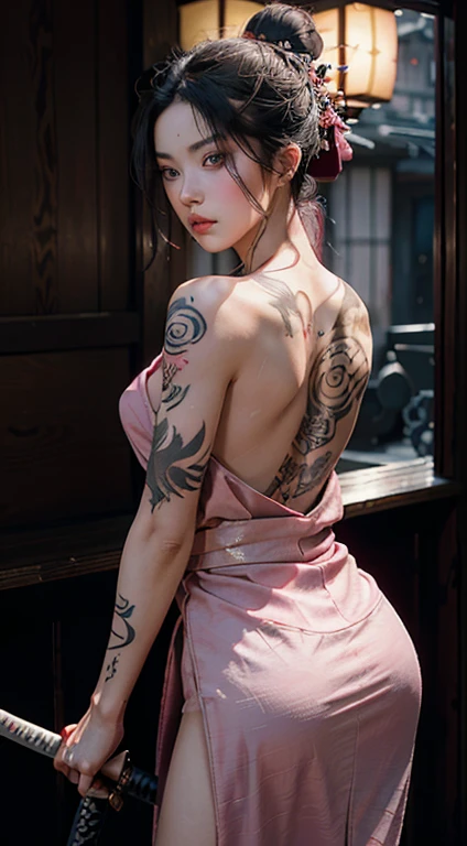 Best quality, masterpiece, super high resolution (authenticity: 1.1). A girl with beautiful pink eyes and bare back. Tattooed back. Tattooed. She is angry. she is wielding a katana. Kimono. Intense look. intense eyes. Geisha. The movie version of warm lighting illuminates bright rooms, modern architecture, and beautiful backdrops