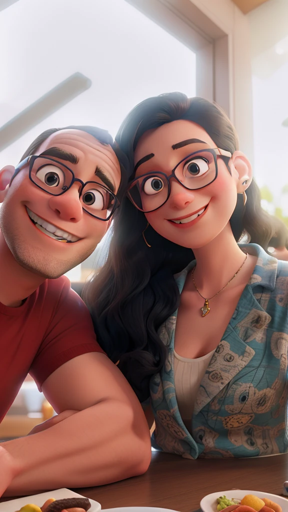 Disney Style Couple With Glasses Smiling In Restaurant.