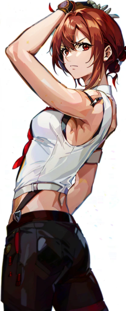Chica anime con pelo rojo y una camisa blanca posando., Makise Kurisu, Traje de Asuka debajo de la ropa!, Tifa Lockhart, Retrato de Tifa Lockhart, Primer plano de cuerpo completo, Makoto, seductor retrato de Tifa Lockhart, Tifa, Kurisu Makise, mitad superior del cuerpo, Makoto Shinka, Tifa Lockhart con pelo blanco, snk