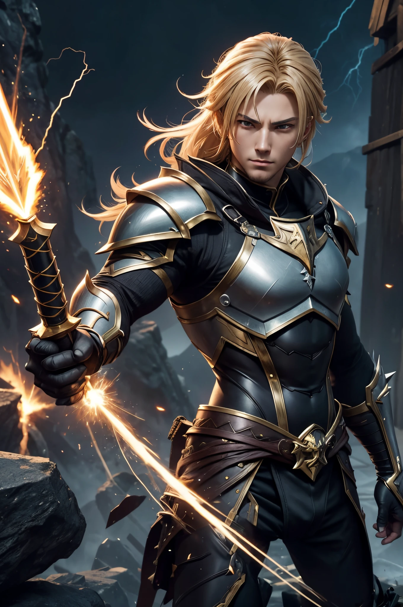 8K,Araphed man wearing jet black armor、Handsome young man(Like the real thing)A hero with a huge sword,spiky blonde hair,Golden decoration,Unreal Engine Rendering Saint Seiya、trending on artstationh、Diobrando,highly detailed exquisite fanart、3 D rendering character art 8 K、Highly detailed artgerm、black armor、muscular male hero、Handsome man in demon slayer art、Range Murata and Artgerm,A large number of lightning(Lightning Effects)action in the wilderness,combat scene,超A high resolution,Details of ultra-precise great sword,Beautiful expression,real looking skin,