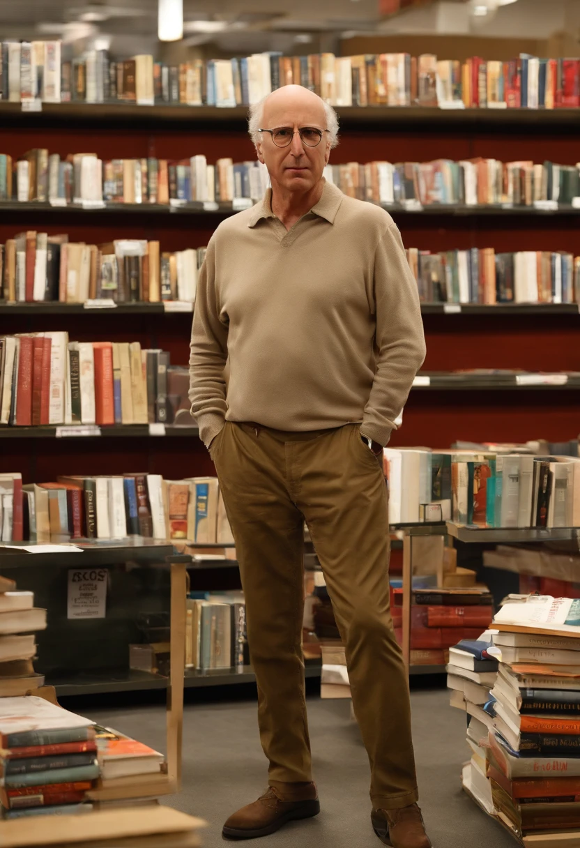 A photo of Larry standing in front of a huge pile of books at a book fair, looking unimpressed,Curb Your Enthusiasm,Larry David, the character from “Curb Your Enthusiasm,” mirrors his real-life counterpart with a casual, often disheveled appearance, typically seen in khaki pants, a loose-fitting shirt, and sneakers. He is balding, with a rim of curly hair, and he carries a bemused expression that often shifts into one of exasperation or incredulity