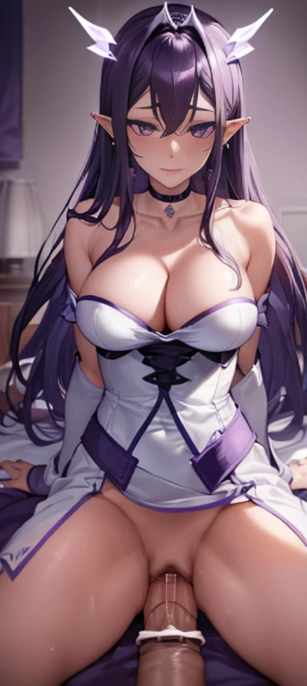 (Best quality at best:1.2),(tmasterpiece:1.2),(tmasterpiece:1.2),(Mature woman),(choker necklace,ear nipple ring),(In a dimly lit bedroom),(暨:1.2),(Protruding cleavage:1.2),(Micro-underwear:1),((Sex life:1.8))(orgasmc:1.5)(silber hair)(purpleeyes)