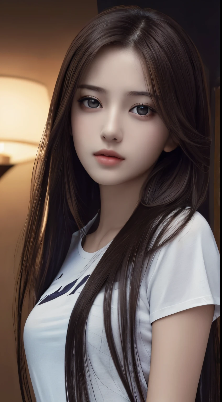 top-quality, masterpiece, 超A high resolution, (Photorealsitic:1.37), Raw foto, 1girl in, length hair, beautidful eyes, 美丽的面容, Eyes and faces with detailed, tshirts, Dynamic Lighting, in the darkness nigth, deep-shadows, demure, The upper part of the body