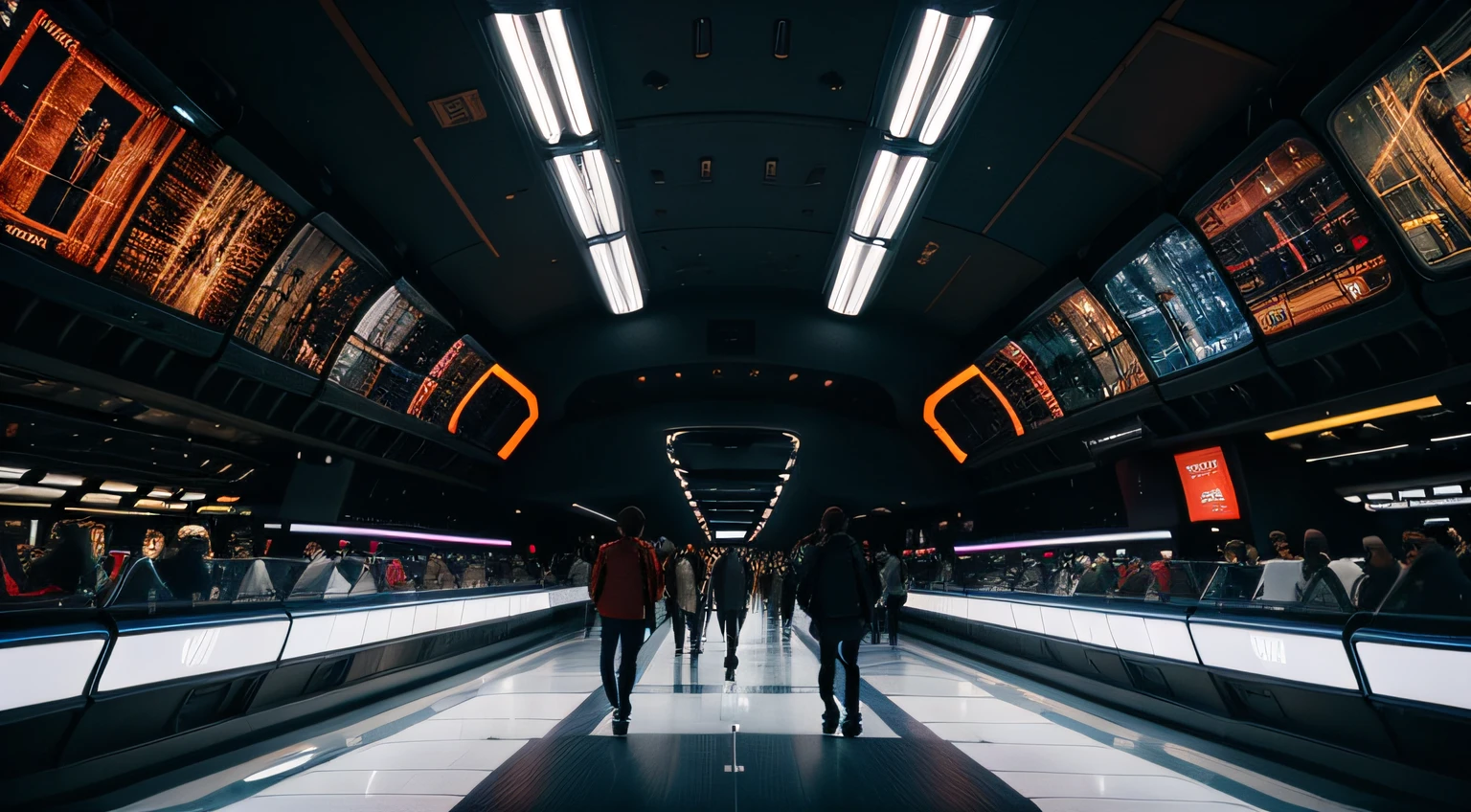a spaceship interior bustling with many people walking, (best quality,highres:1.2),ultra-detailed, vibrant colors, futuristic lighting, realistic technology