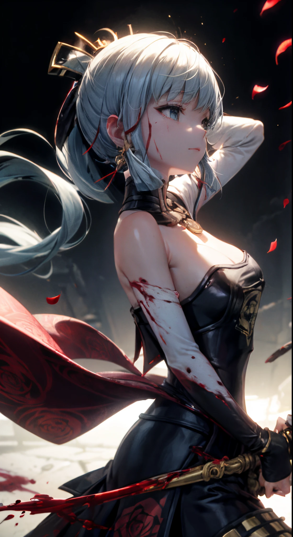 kamisato ayaka, 1girl,breast, floating hair,long hair,closed mouth, bare shoulders,black dess, black gloves, black hair, blood, blood on face, blood on clothes, fingerless gloves,gold earrings,hairband,jewelry,blood on knife ,knife,blood on weapon,looking at viewer, backlighting, light particles, rose, rose petals, rose print, ((masterpiece)), blood on hands, blood splashes yandre intent