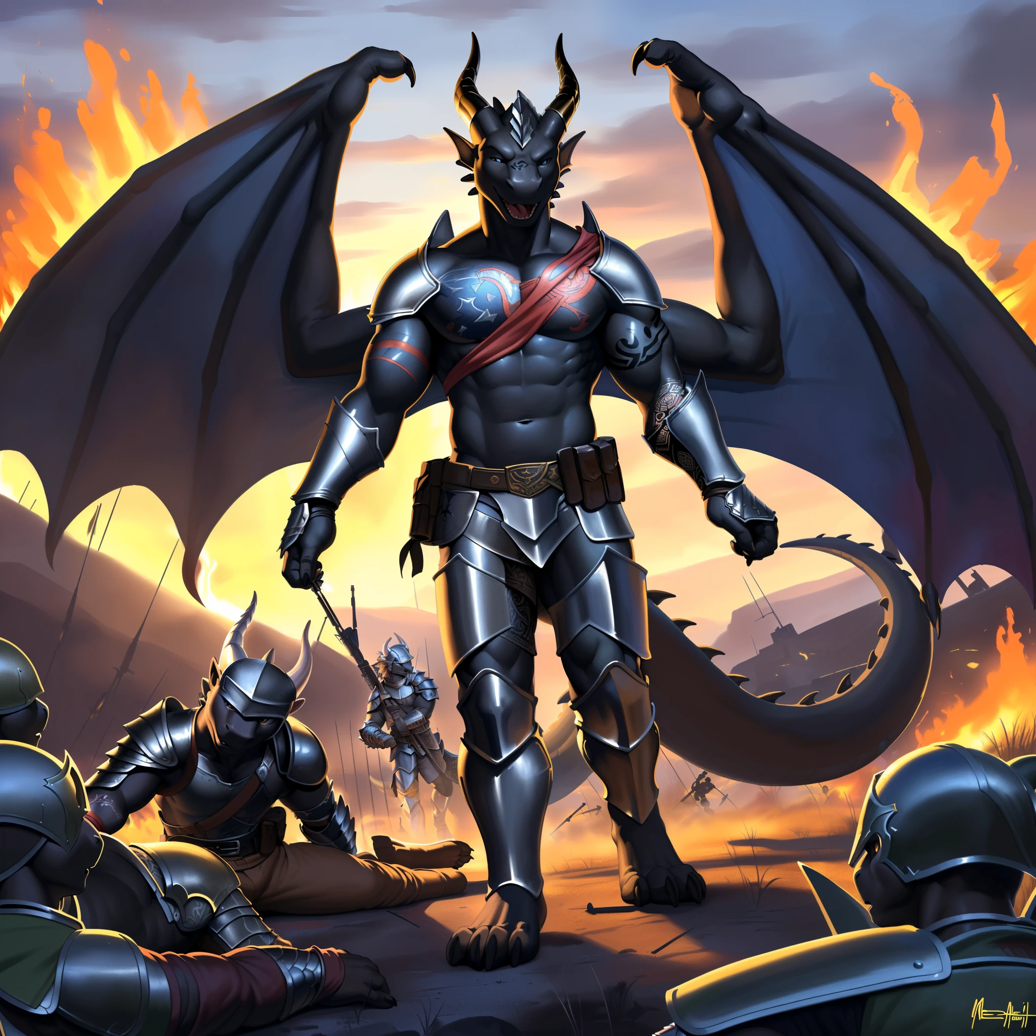 (masterpiece, best quality, high quality, highres:1.4), detailed, extremely detailed, dark lighting, 4K, (by ruaidri), yupa, kiyosan,(by meesh), (by fffffolder)), delga: (slim, athletic, dragon, (((black body))), smooth skin, athletic muscle, anthro legs, Godly appearance, ((skin glowing)), glowing skin, ((young)), (dragon feet), (toe claw), black spikes, (detailed eyes), dragon horn, ((dragon tail)), tail attached to waist, 1tail, ((dragon wings)), bare_shoulders, (clothing, handwear:(vambraces), bottomwear:(pants:black, ((leg armor))), beautiful, (((heroic aura))), closed_mouth, covered in tattoos, has tattoos, tattoos covering the chest and arms, tattoo sleeves on both arms, ((war veteran)), ((battlefield)), on a battlefield, surrounded by fire, corpses, royal