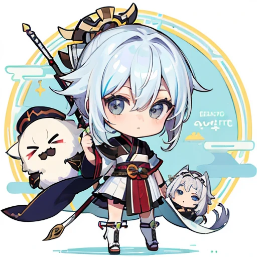 ((etiqueta: 1.5))), ((Personagem Chibi)), (fundo branco), Felpudo, garota, Kensei, Espada Sei, Traje Mestre da Espada, Com Espada Sagrada, Pose Kensei, Chibi Chara, corpo inteiro, cabelos coloridos em tons pastel, conto de fadas, Fantastic, Rainbow, design de camisetas, Melhor obra-prima, best quality, 16k,