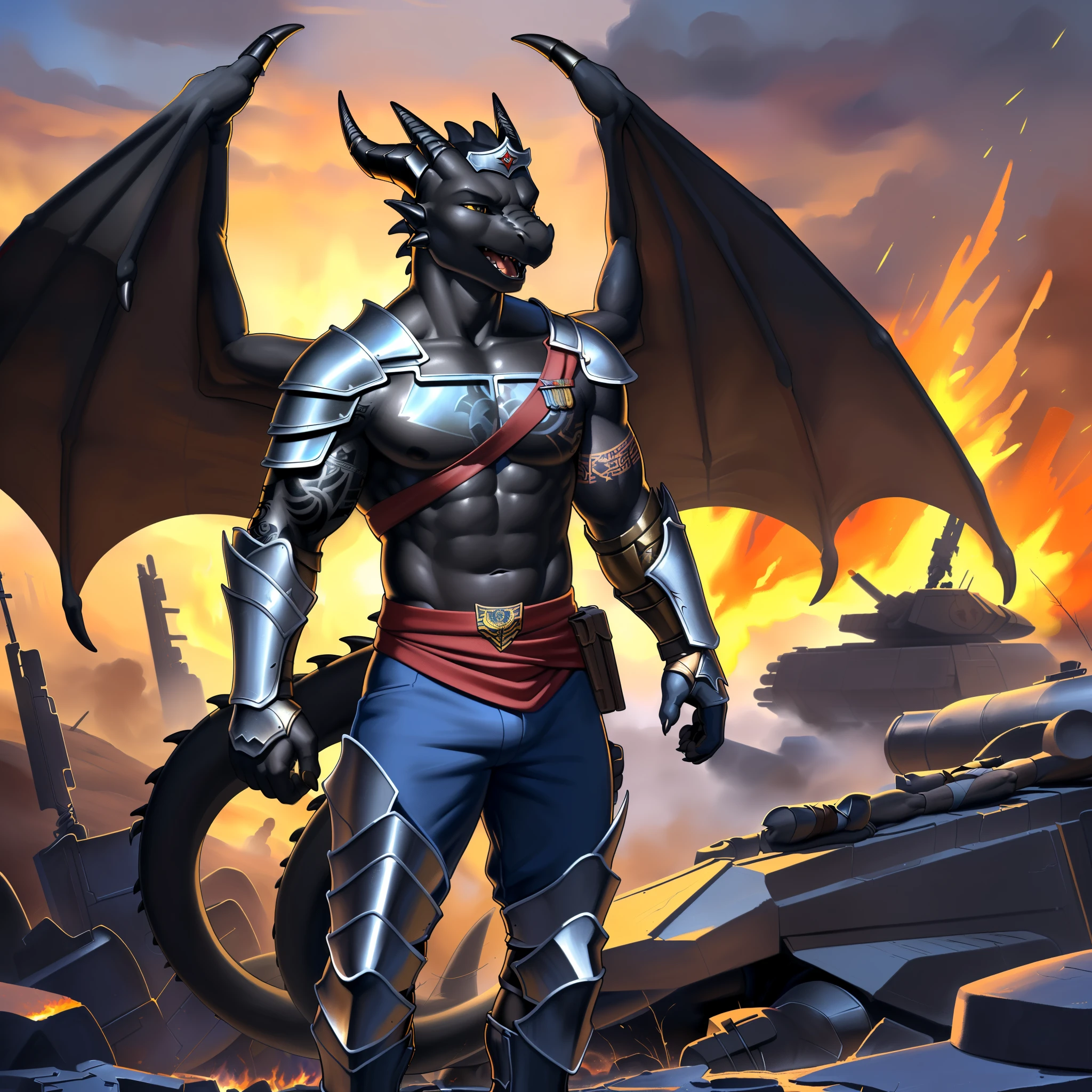(masterpiece, best quality, high quality, highres:1.4), detailed, extremely detailed, dark lighting, 4K, (by ruaidri), yupa, kiyosan,(by meesh), (by fffffolder)), delga: (slim, athletic, dragon, (((black body))), smooth skin, athletic muscle, anthro legs, Godly appearance, ((skin glowing)), glowing skin, ((young)), (dragon feet), (toe claw), black spikes, (detailed eyes), dragon horn, ((dragon tail)), tail attached to waist, 1tail, ((dragon wings)), bare_shoulders, (clothing, handwear:(vambraces), bottomwear:(pants:black, ((leg armor))), beautiful, (((heroic aura))), closed_mouth, covered in tattoos, has tattoos, tattoos covering the chest and arms, tattoo sleeves on both arms, ((war veteran)), ((battlefield)), on a battlefield, surrounded by fire, corpses, royal