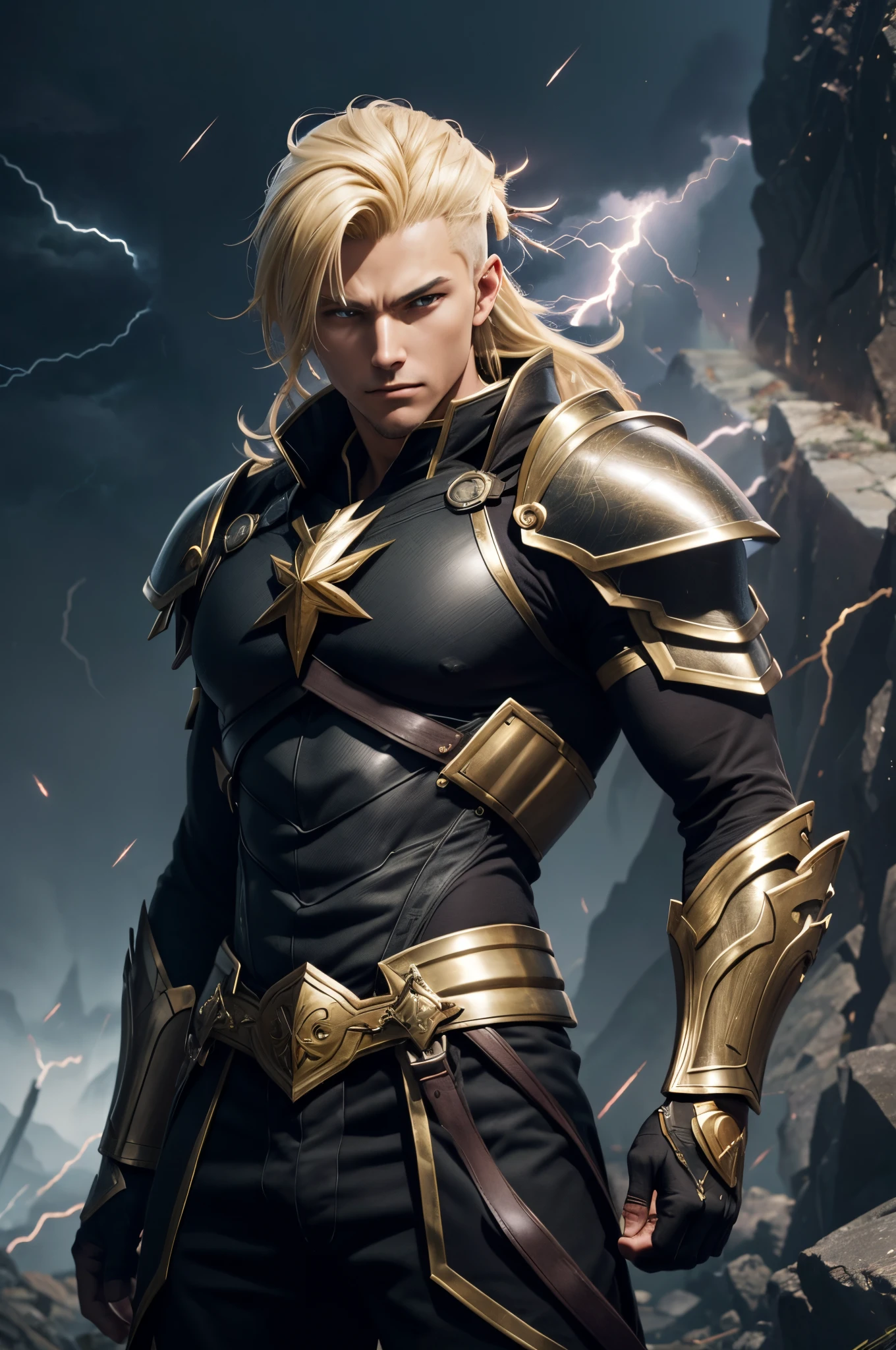 8K,Araphed man wearing jet black armor、Handsome young man(Like the real thing)A hero with a huge sword,spiky blonde hair,Golden decoration,Unreal Engine Rendering Saint Seiya、trending on artstationh、Diobrando,highly detailed exquisite fanart、3 D rendering character art 8 K、Highly detailed artgerm、black armor、muscular male hero、Handsome man in demon slayer art、Range Murata and Artgerm,A large number of lightning(Lightning Effects)action in the wilderness,combat scene,超A high resolution,Details of ultra-precise great sword,Beautiful expression,real looking skin,