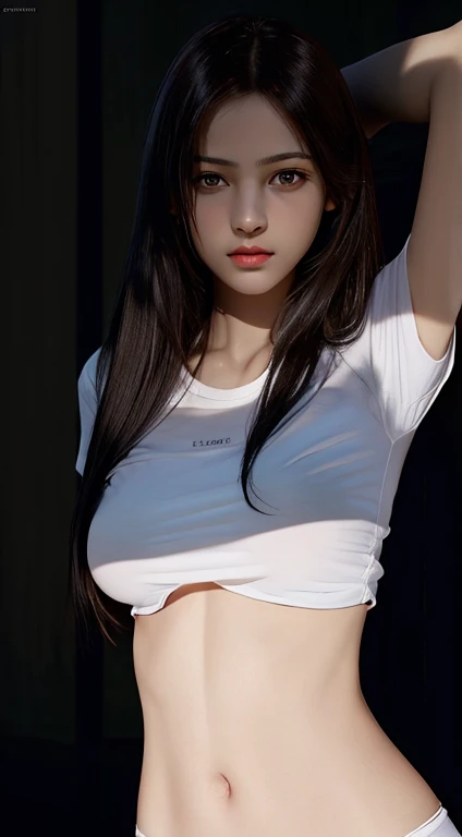 (Masterpiece, Best Quality, High Quality, high resolucion, Ultra-detailed), (Extremely delicate and beautiful:1.2), (Beautiful detailed eyes:1.2), 8K, (detailed light:1.2), Cinematic lighting, (rim lighting), (From below:1), close-up, 1Girl, 25 Years Old, looking up at viewer, Brown eyes, central heterochromia, medium brown messy ponytail, hair tucked behind the ear, Dynamic Angle, Flirtatious smile, blush, Pale freckles, wlop glossy skin, pale-skin, skin imperfections, Medium Tits, underboob, nipple outline, Nipslip, skindentation, thigh thighs, Choker, (Black panties, white t-shirt:1.2), (arms behind back:1.2), (vibrant starry sky background:1.2), makima\(Chainsaw Man\), Red hair, Yellow eyes, ringed eyes, dark circles, eyeshadows, makeups,