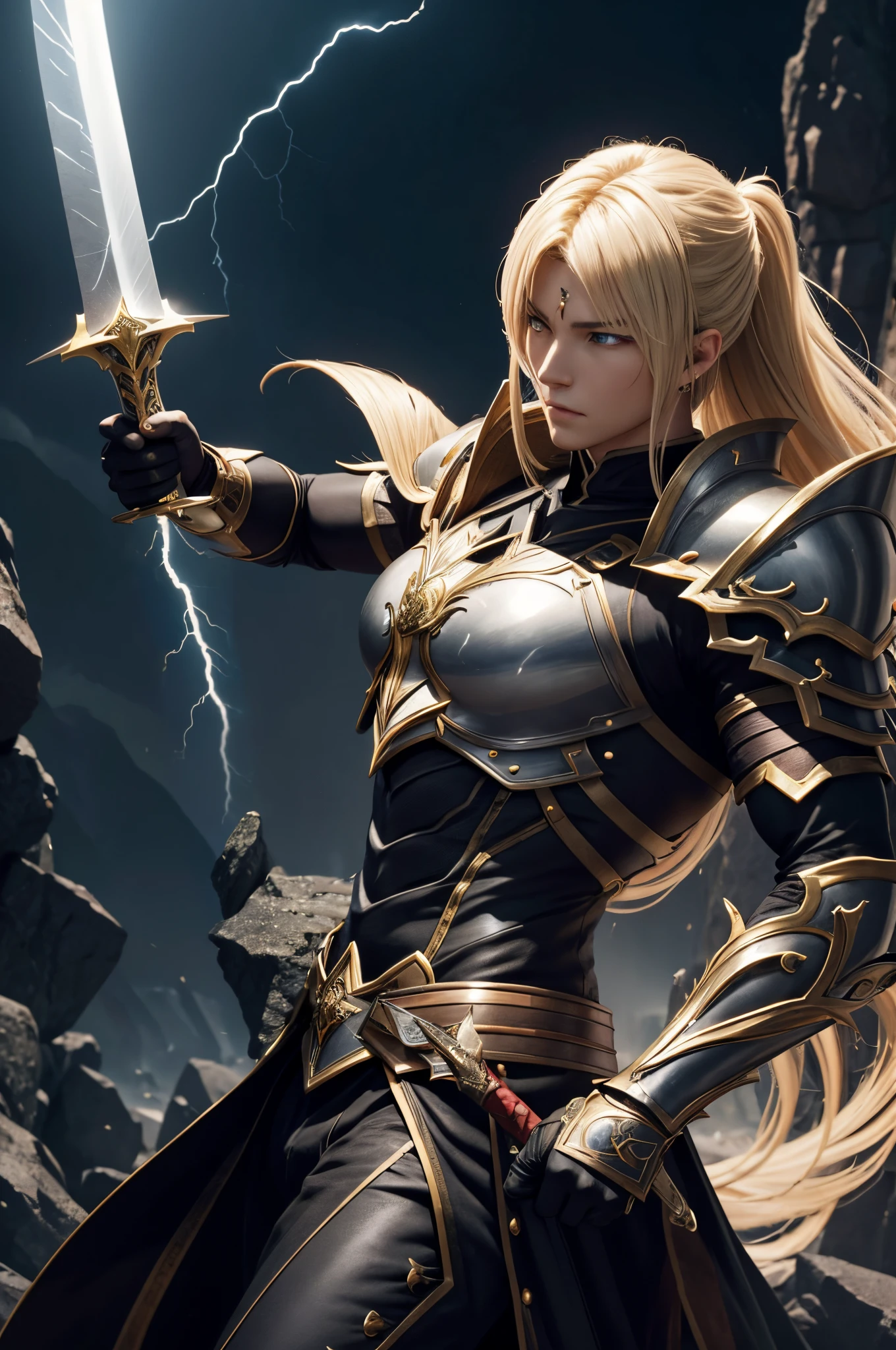 8K,Araphed man wearing jet black armor、Handsome young man(Like the real thing)A hero with a huge sword,spiky blonde hair,Golden decoration,Unreal Engine Rendering Saint Seiya、trending on artstationh、Diobrando,highly detailed exquisite fanart、3 D rendering character art 8 K、Highly detailed artgerm、black armor、muscular male hero、Handsome man in demon slayer art、Range Murata and Artgerm,A large number of lightning(Lightning Effects)action in the wilderness,combat scene,超A high resolution,Details of ultra-precise great sword,Beautiful expression,real looking skin,