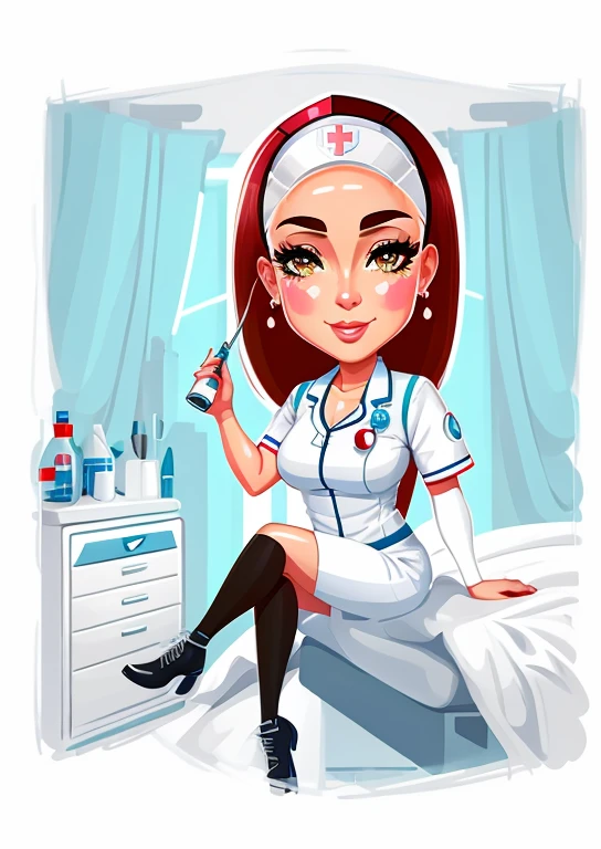 cartoon illustration of a nurse sitting on a bed holding a martini, menina enfermeira, Enfermeira, medic, caricature illustration, Retrato de uma enfermeira em um banquinho, medical illustration, medic, estilo caricatura, color digital illustration, in cartoon style, enfermagem, Directed by: Melissa Benson, surgeon, Traje de Enfermeira, hd illustration, stylized digital illustration, healthcare worker, professional illustration