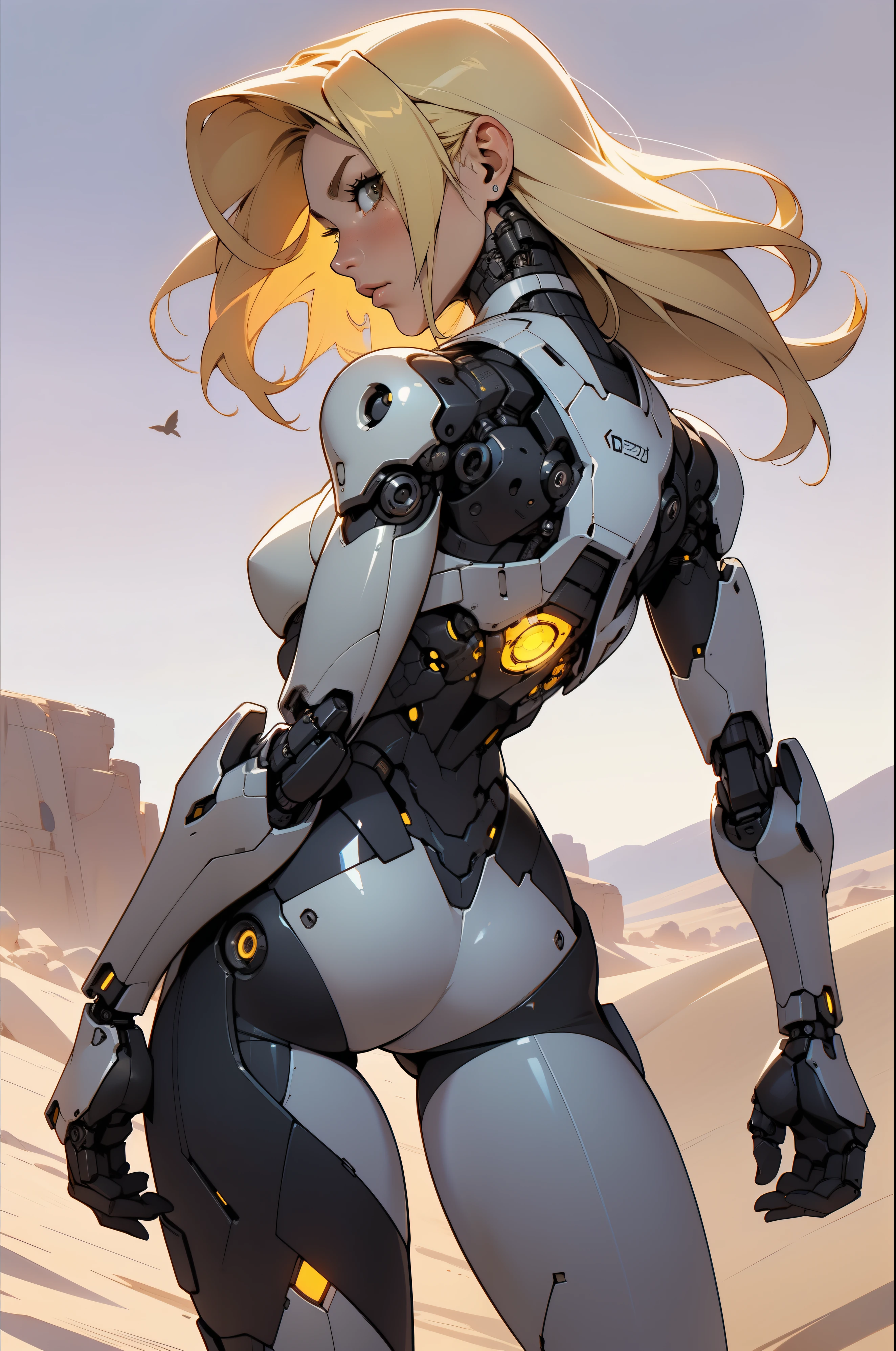high quality, 4k, masterpiece, beautiful, cyborg girl, cowboy shot, dull eyes, back side, turning around to look at viewer, long blonde hair, girl, small breasts, fit thigh, robotic arms, robotic body, cyborg body, yellow accent, red accent, intricate detail, joint, detailed lines, robotic detail, 1fist on hip, color robotic parts, robotic parts with color, perfect fingers, on a desert planet, sunny background, colorful desert,