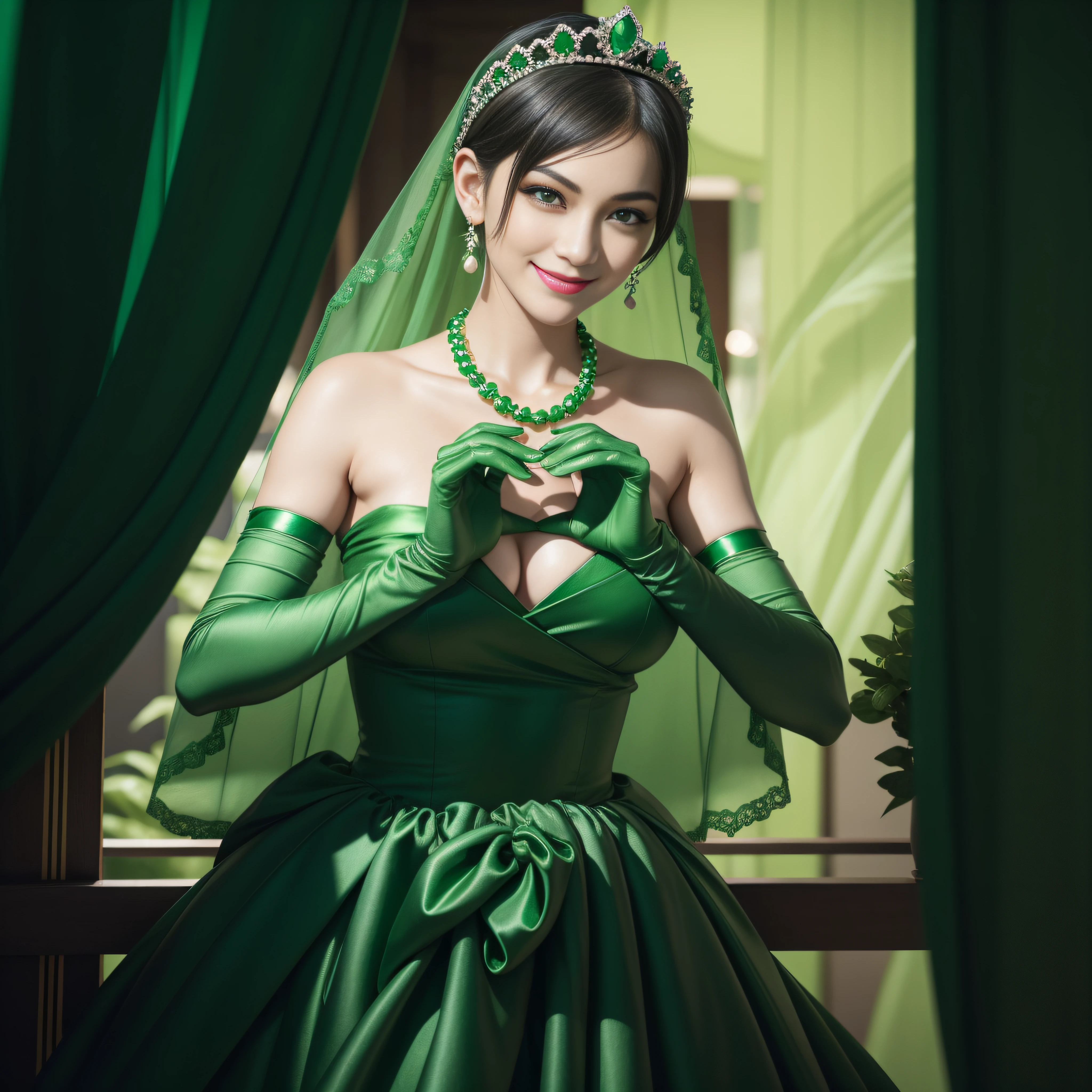 emerald tiara, Green Pearl Necklace, Boyish very short green hair, lipsticks, Japan woman smiling, very short short hair, big breasts beautiful, Green eyes, Long green gloves made of satin material, Green eyes, Emerald Earrings, green vale, Heart with both hands