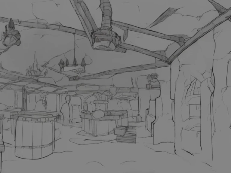 detailed but rough, rough sketch, tavern background, inside a tavern, dnd setting, torchlight, restaurant!, concept drawing, fantasy tavern background medieval d&d mood