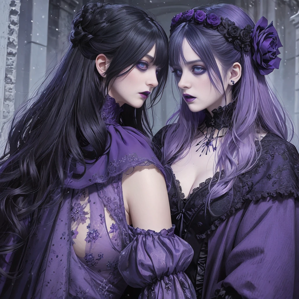 face-to-face shot. gothic horror painting in shades of blue and purple. snowy, deserted London street at midnight. (2girls) a black-haired woman with decaying corpse-like face wearing a rotting purple Victorian dress snarls at an angry blonde vampire with fangs bared snarling back. [cars: 1.3] [technology: 1.3]