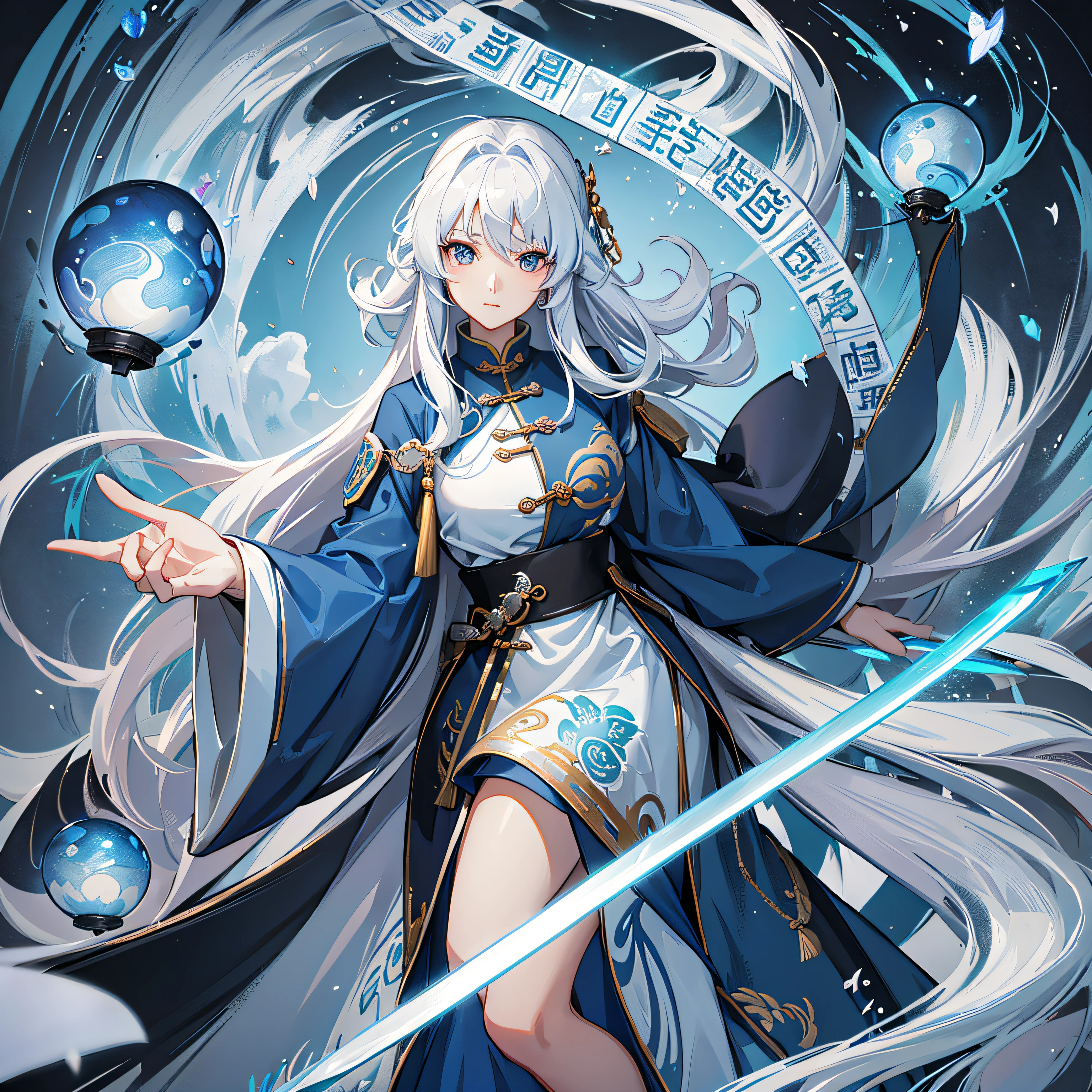 Close-up of a woman in a white dress holding a sword，Long snow-white hair，Ink wind，The popularity of CGsociety，Fantasyart，beautiful character painting，Guviz-style artwork，Guvitz，white hanfu，flowing white robe，full-body wuxia，epic exquisite  character art，stunning character art，beautiful female assassin