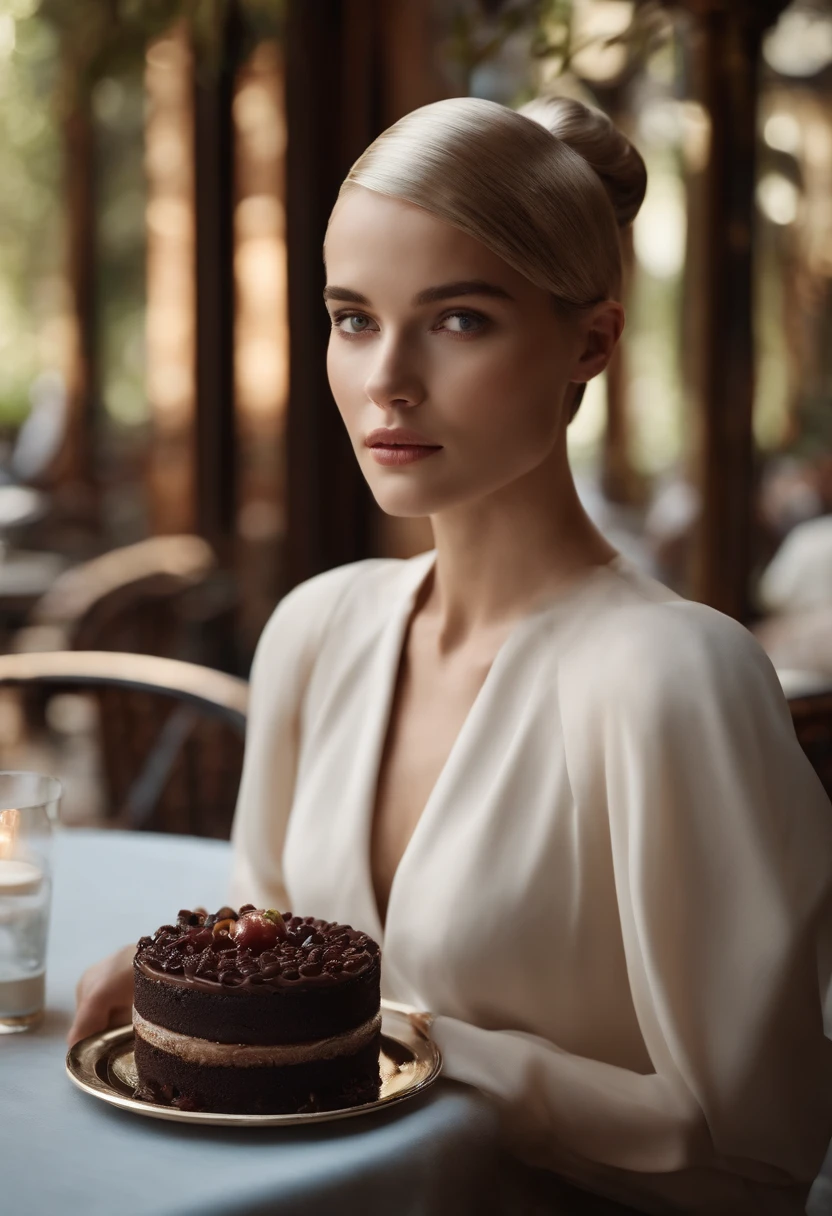 A photo of Ava sitting at a quaint outdoor cafe, enjoying a slice of decadent chocolate cake.,Ex Machina,Ava, the AI character from “Ex Machina,” possesses a striking appearance that blends human and robotic elements: a delicate, humanoid face with expressive eyes and features, set atop a transparent, mesh-like body that reveals her mechanical inner workings. This design creates a sense of otherworldly beauty and fragility, highlighting her advanced technology.