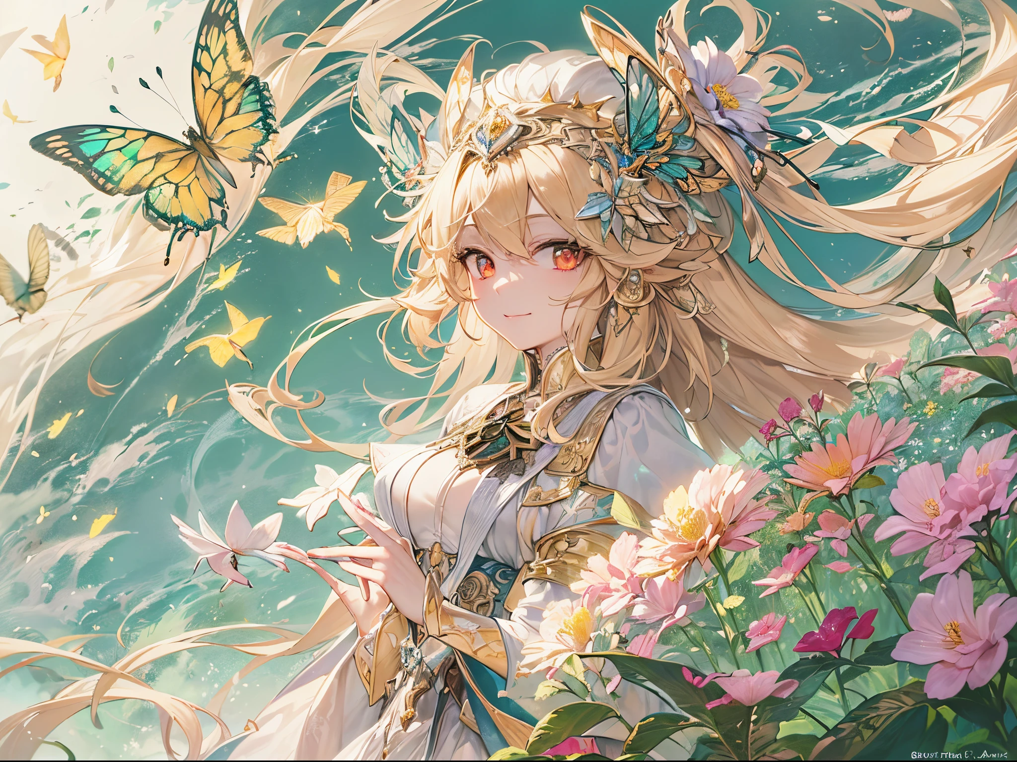 ((Finest quality)),(超A high resolution),(ultra-detailliert),(Meticulous portrayal),((Best Anime)),(Finest works of art),Ultra-Precision Art,The art of astounding depiction,Overwhelming depiction:1.5,(Fantasyart:1.5), ((One Pretty Goddess:1.5),(Soft smile:1.6), Meadow glow:1.4, Wind blowing through:1.1, Soft sunlight:1.5, colorful flower, butterflys々,birdie