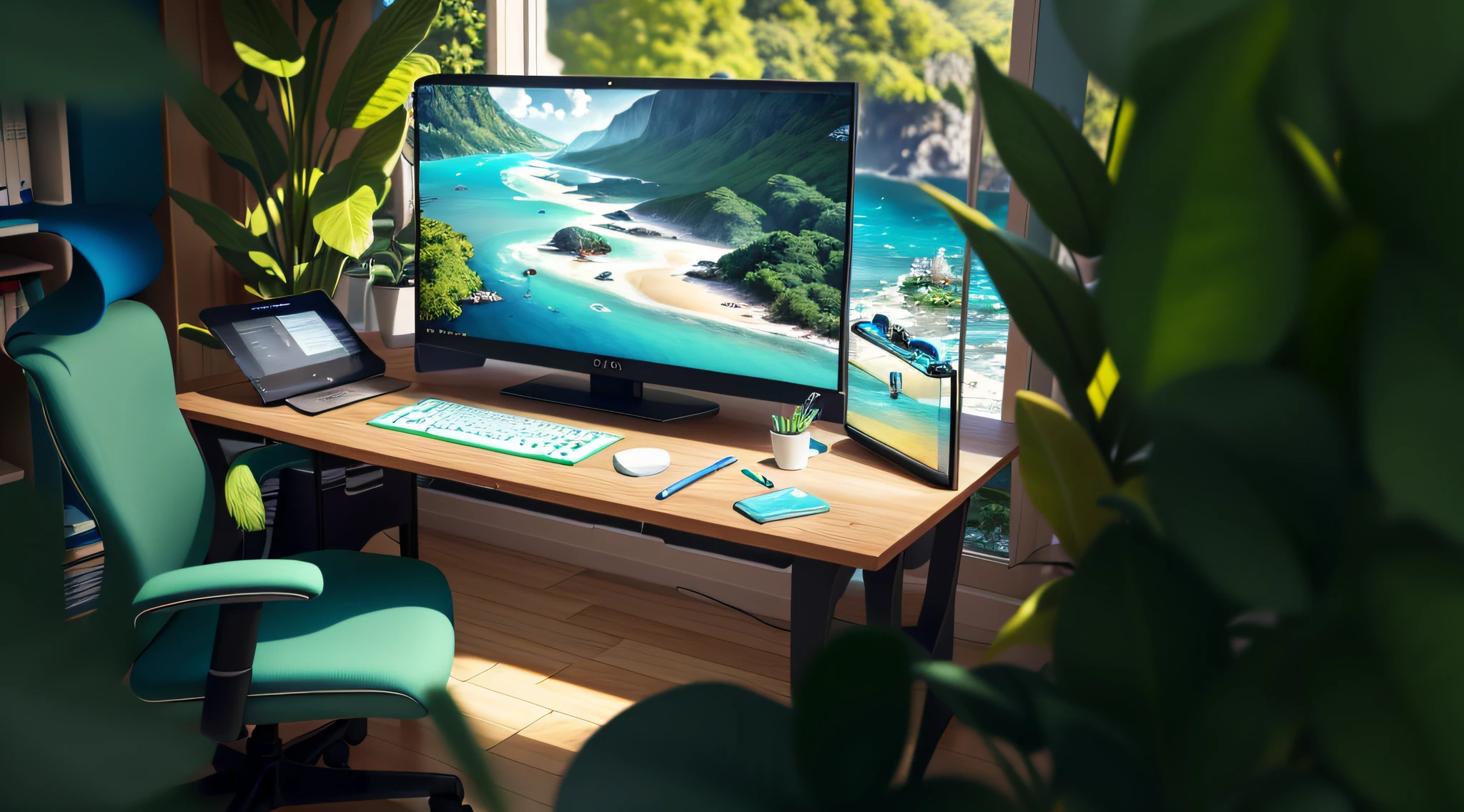 Create an engaging image of an inspiring workspace: imagine um quarto iluminado por uma suave luz natural, onde uma mesa organizada se destaca. Em cima da mesa, a modern computer is strategically positioned, rodeado por elementos que transmitem serenidade e foco. Utilize uma paleta de cores suaves, como tons de azul e verde, para criar uma atmosfera tranquila. Certifique-se de capturar detalhes que ressaltem a ordem e a harmonia, like lined up papers, organized pens and the subtle presence of plants that bring a touch of nature to the environment. Convey a feeling of productivity and serenity, making the image irresistible to whoever contemplates it. A tela do monitor deve estar desligada!