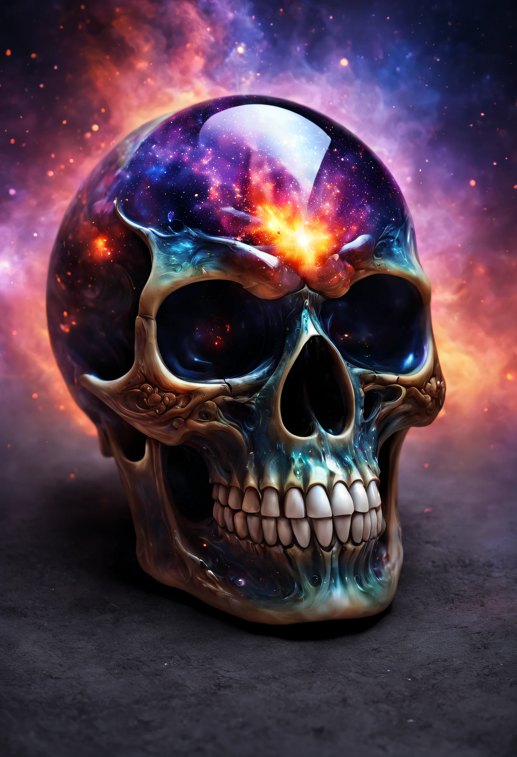 A realistic colored glass alien skull, beautiful and detailed. Which explodes when falling to the ground, the projections are textured like lot of colorful dreaming dust and Lava and fire Explosion. The galaxy is visible