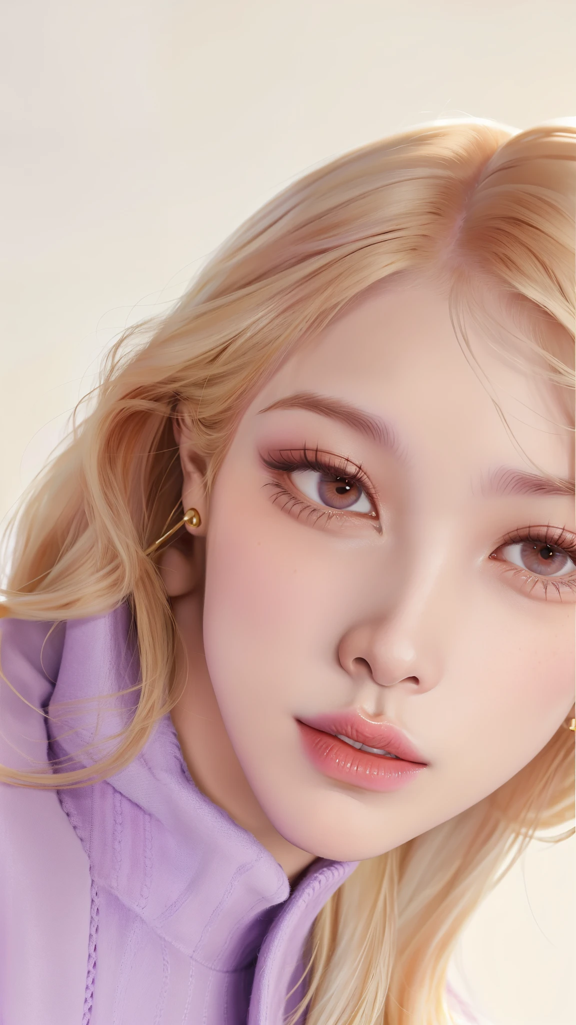 a Close-up of a woman with long blonde hair wearing a purple sweater, Parque Roseanne do Blackpink, cabelos loiros e olhos grandes, Cl, Lalisa Manobal, Retrato de Jossi de Blackpink, linda Delphine, longos cabelos loiros e olhos grandes, maquiagem sul-coreana popular, Sakimichan, tzuyu de duas vezes