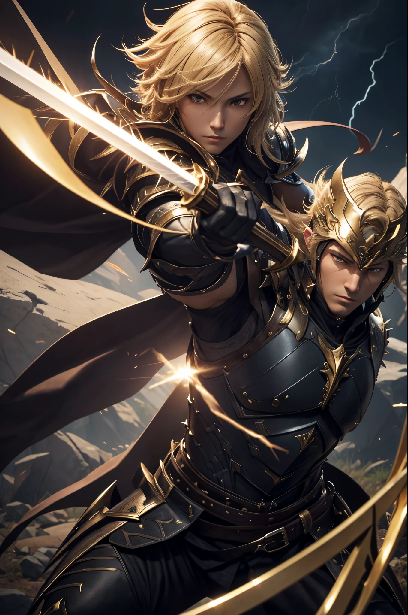 8K,Araphed man wearing jet black armor、Handsome young man(Like the real thing)A hero with a huge sword,spiky blonde hair,Golden decoration,Unreal Engine Rendering Saint Seiya、trending on artstationh、Diobrando,highly detailed exquisite fanart、3 D rendering character art 8 K、Highly detailed artgerm、black armor、muscular male hero、Handsome man in demon slayer art、Range Murata and Artgerm,A large number of lightning(Lightning Effects)action in the wilderness,combat scene,超A high resolution,Details of ultra-precise great sword,Beautiful expression,real looking skin,